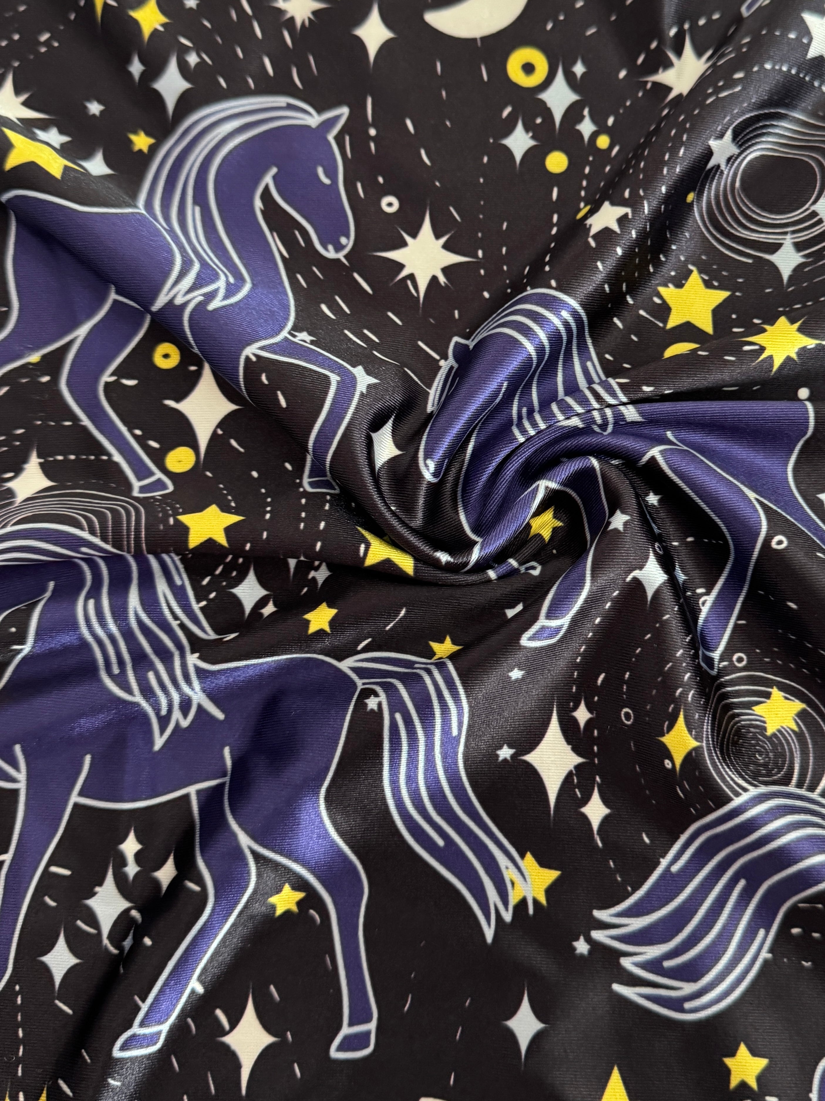 Celestial Horses Nylon Spandex, Kiki Sewing Store, Luxury Fabric, Cheap Fabric Store, Kiki Textiles, Textile by the Yard, Los Angeles Fabrics