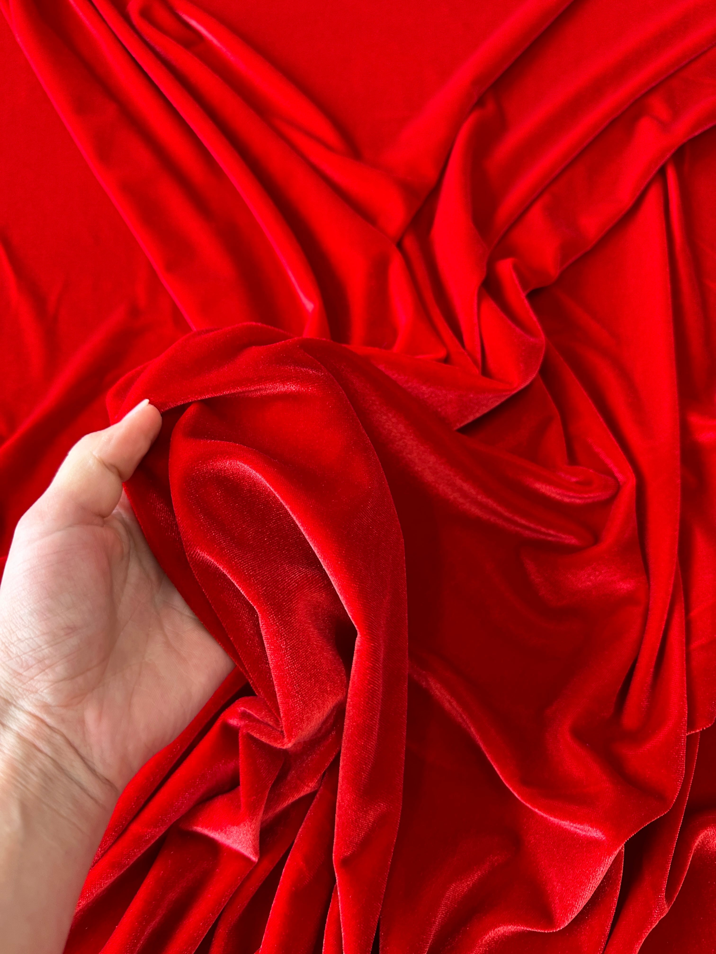 PREMIUM QUALITY Red Crushed Velvet Fabric by the Yard, Red Stretch Fabric  Polyester Spandex for Dresses, Scrunchies, Red Stretch Velour 