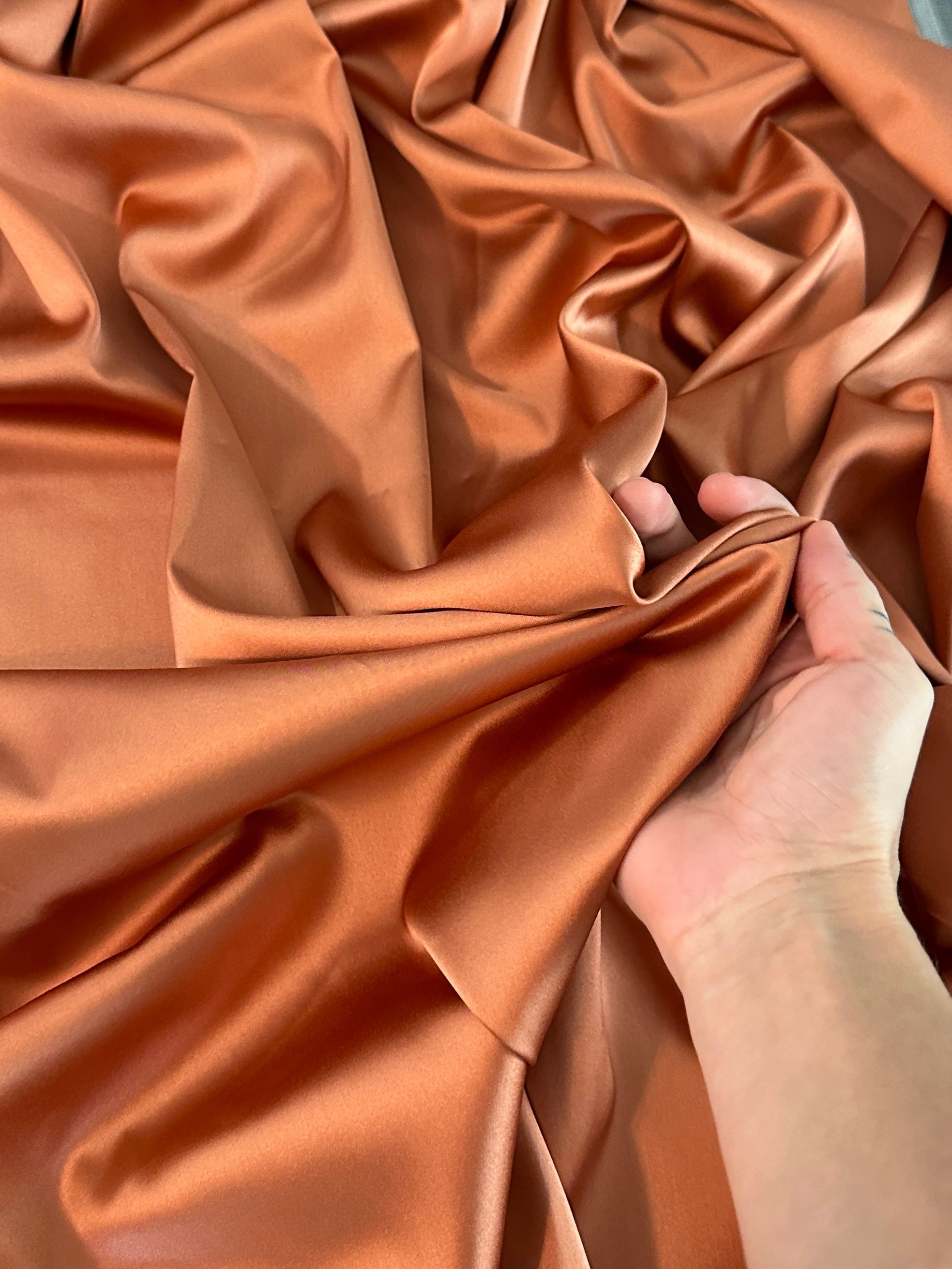  burnt orange stretch crepe back satin, orange stretch crepe back satin, dark orange stretch crepe back satin, premium stretch crepe back satin, satin for bride, satin for woman, satin in low price, cheap satin, satin on sale