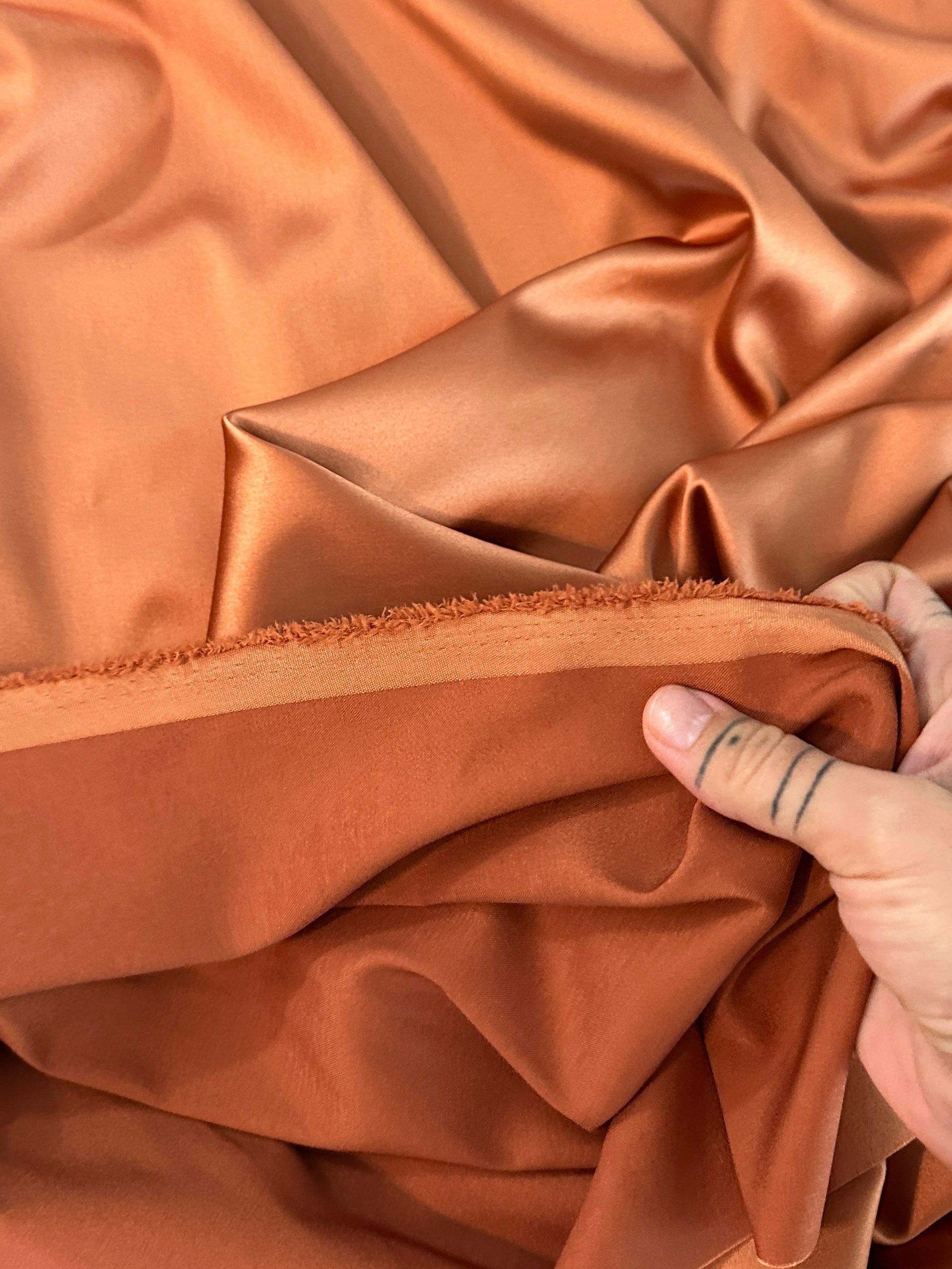  burnt orange stretch crepe back satin, orange stretch crepe back satin, dark orange stretch crepe back satin, premium stretch crepe back satin, satin for bride, satin for woman, satin in low price, cheap satin, satin on sale