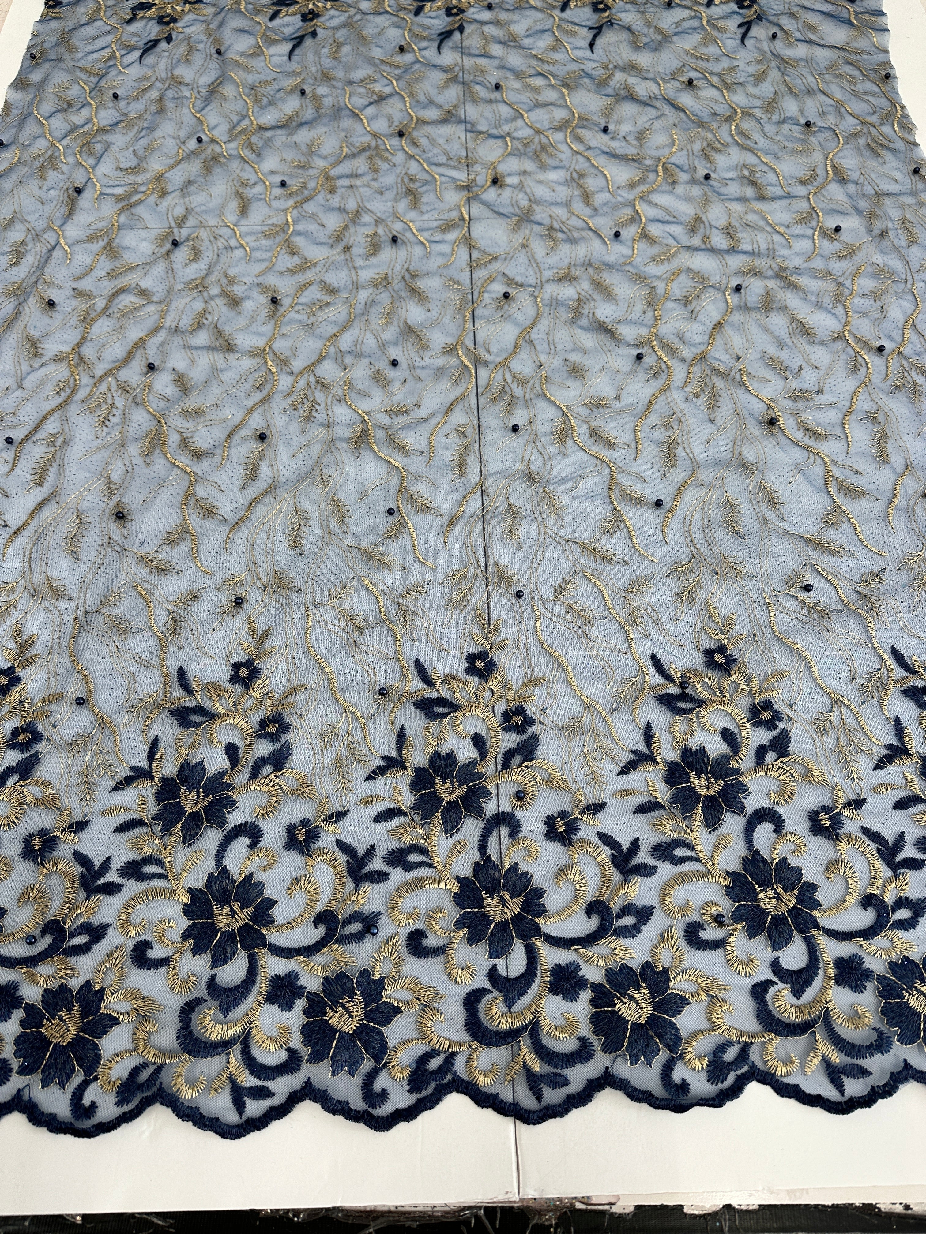 Gold-Navy Embroidered Glitter Floral Scalloped Lace, Shop Fabrics Online, Sewing, Fabric Store, Sewing Store, Cheap Fabric Store, Kiki Textiles, Textile by the Yard