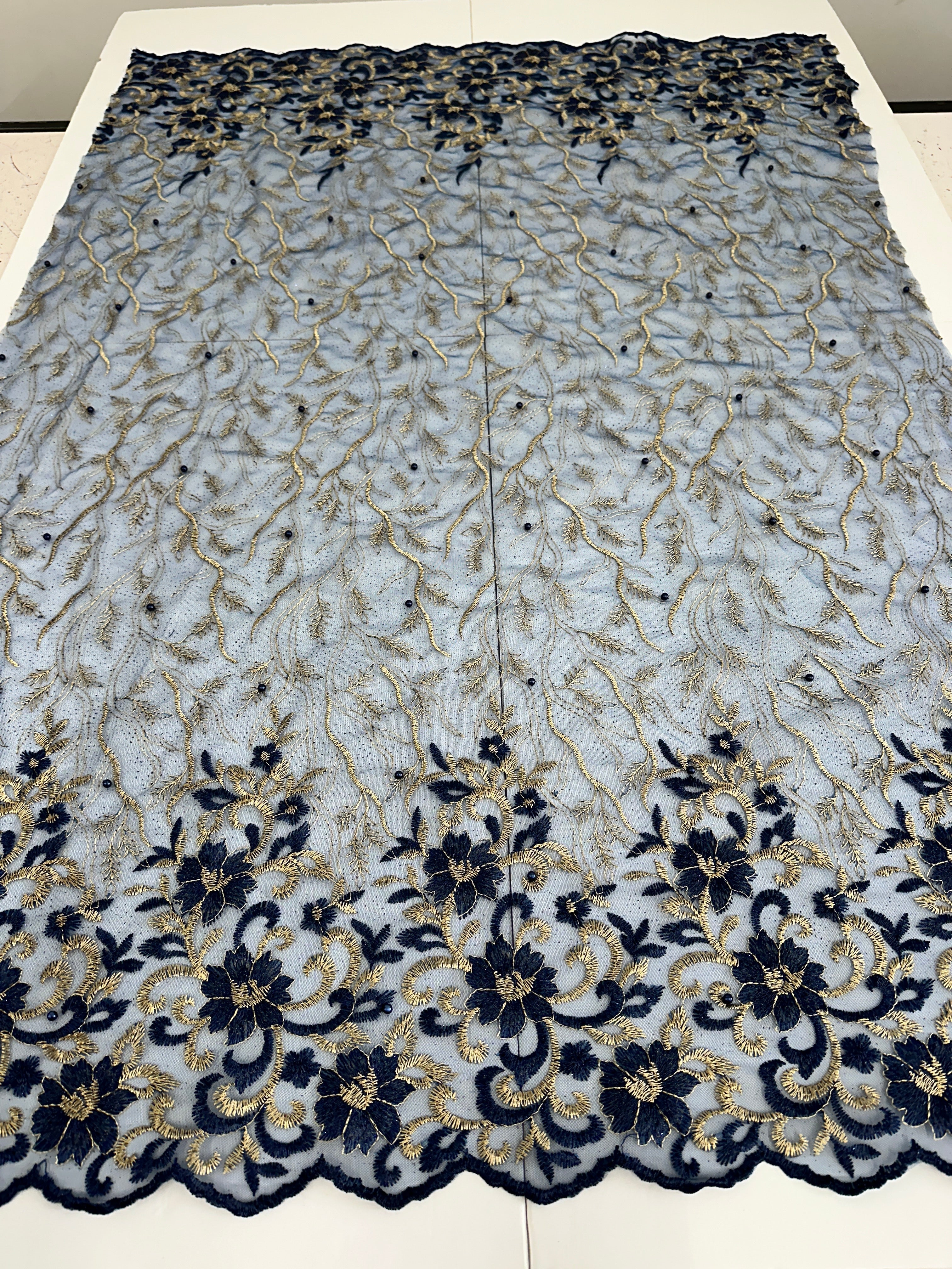 Gold-Navy Embroidered Glitter Floral Scalloped Lace, Gold-Silver Lace, Embroidered Lace, Nude Lace Mesh, Lace for Woman, Lace for Bride, Lace on Sale, Lace on Discount