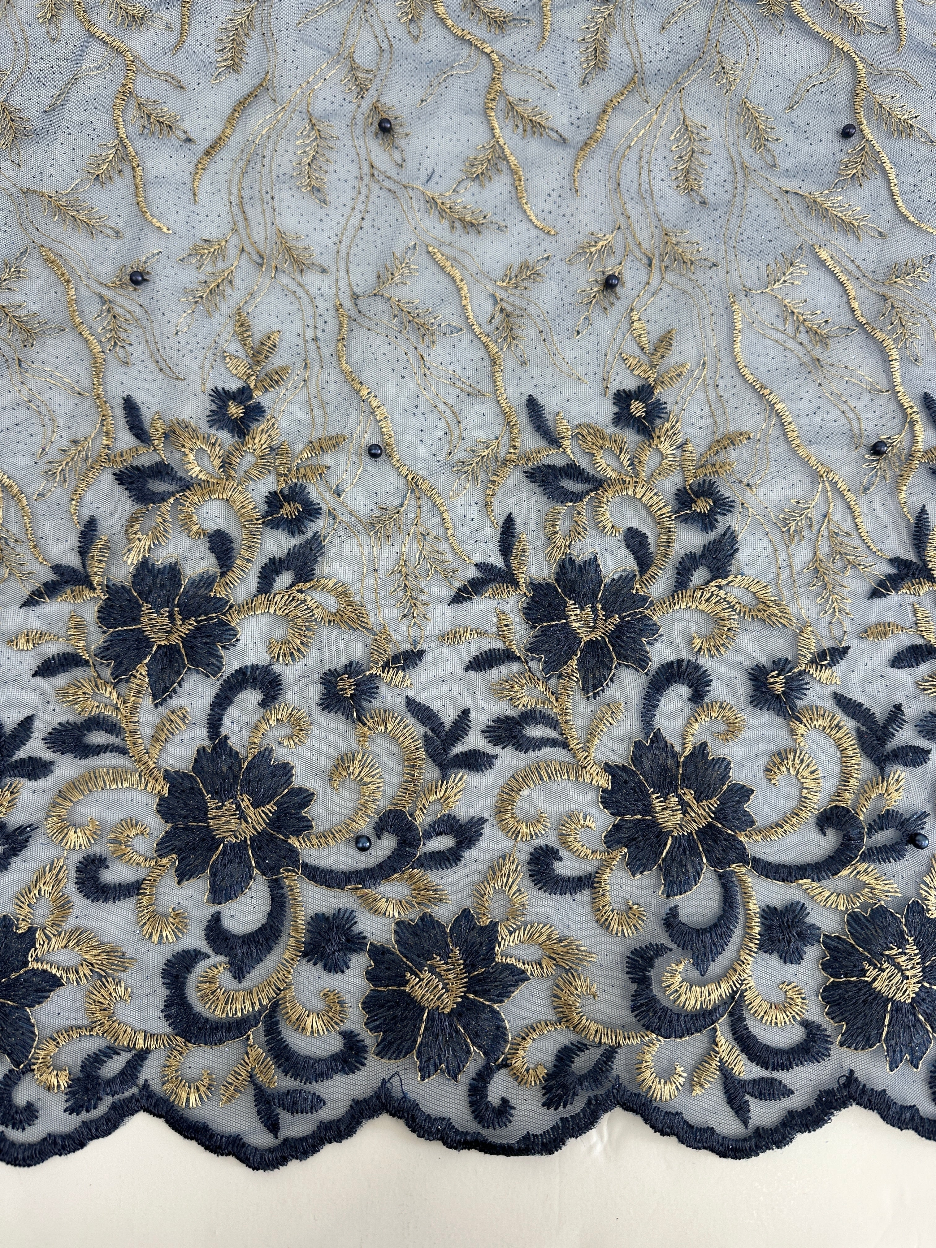 Gold-Navy Embroidered Glitter Floral Scalloped Lace, Shop Fabrics Online, Sewing, Fabric Store, Sewing Store, Cheap Fabric Store, Kiki Textiles, Textile by the Yard