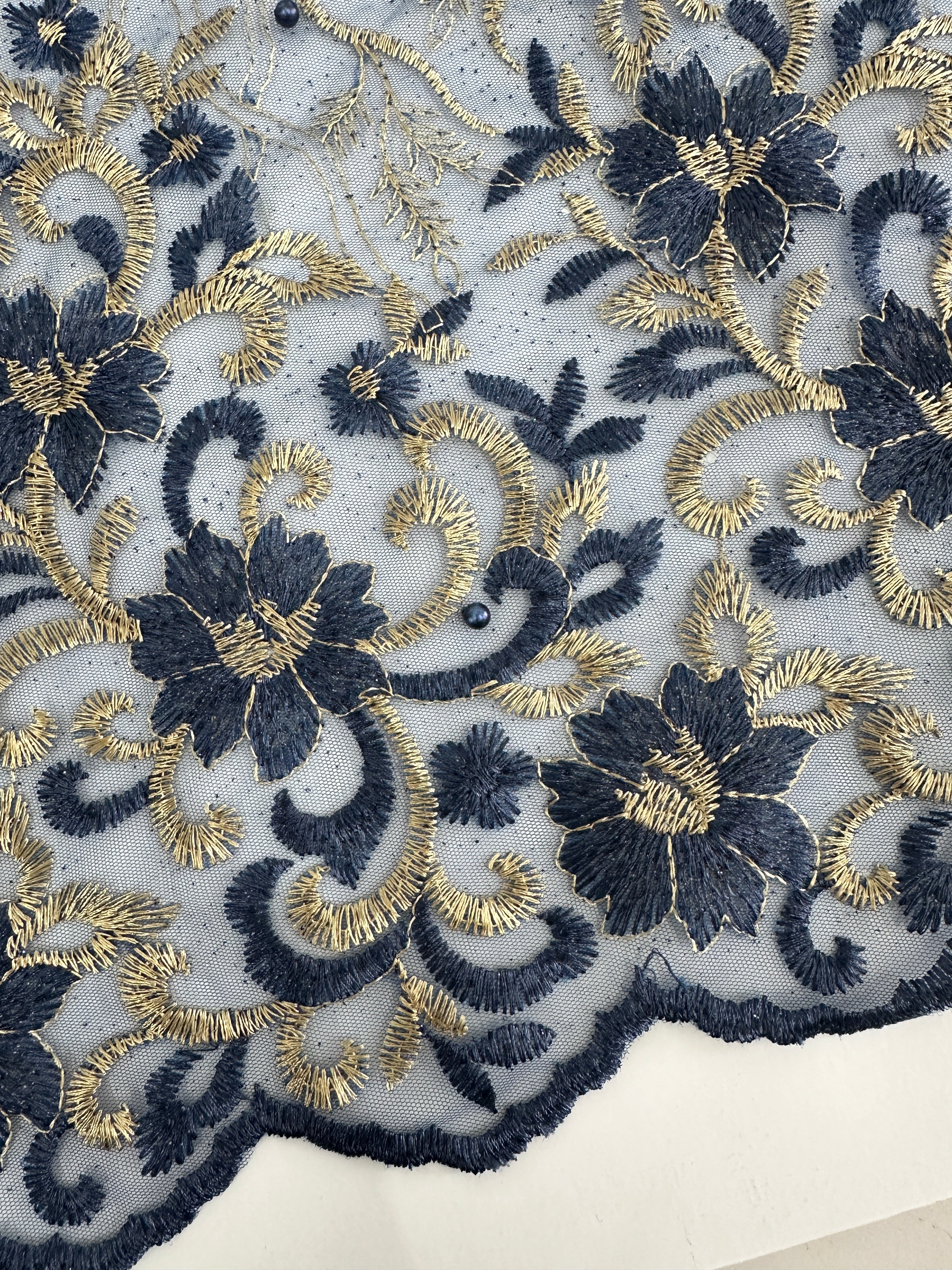 Gold-Navy Embroidered Glitter Floral Scalloped Lace, Shop Fabrics Online, Sewing, Fabric Store, Sewing Store, Cheap Fabric Store, Kiki Textiles, Textile by the Yard