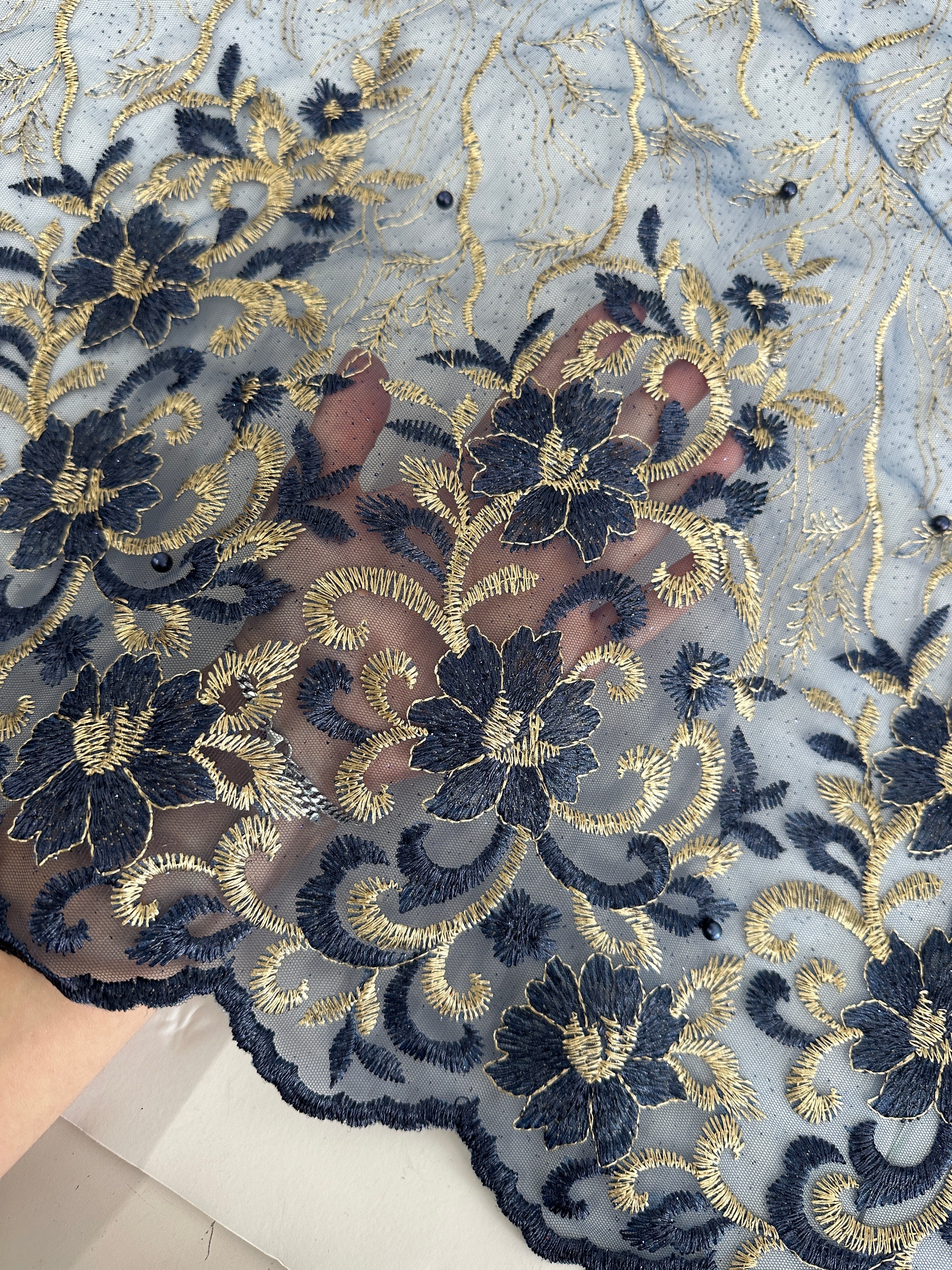 Gold-Navy Embroidered Glitter Floral Scalloped Lace, Gold-Silver Lace, Embroidered Lace, Nude Lace Mesh, Lace for Woman, Lace for Bride, Lace on Sale, Lace on Discount