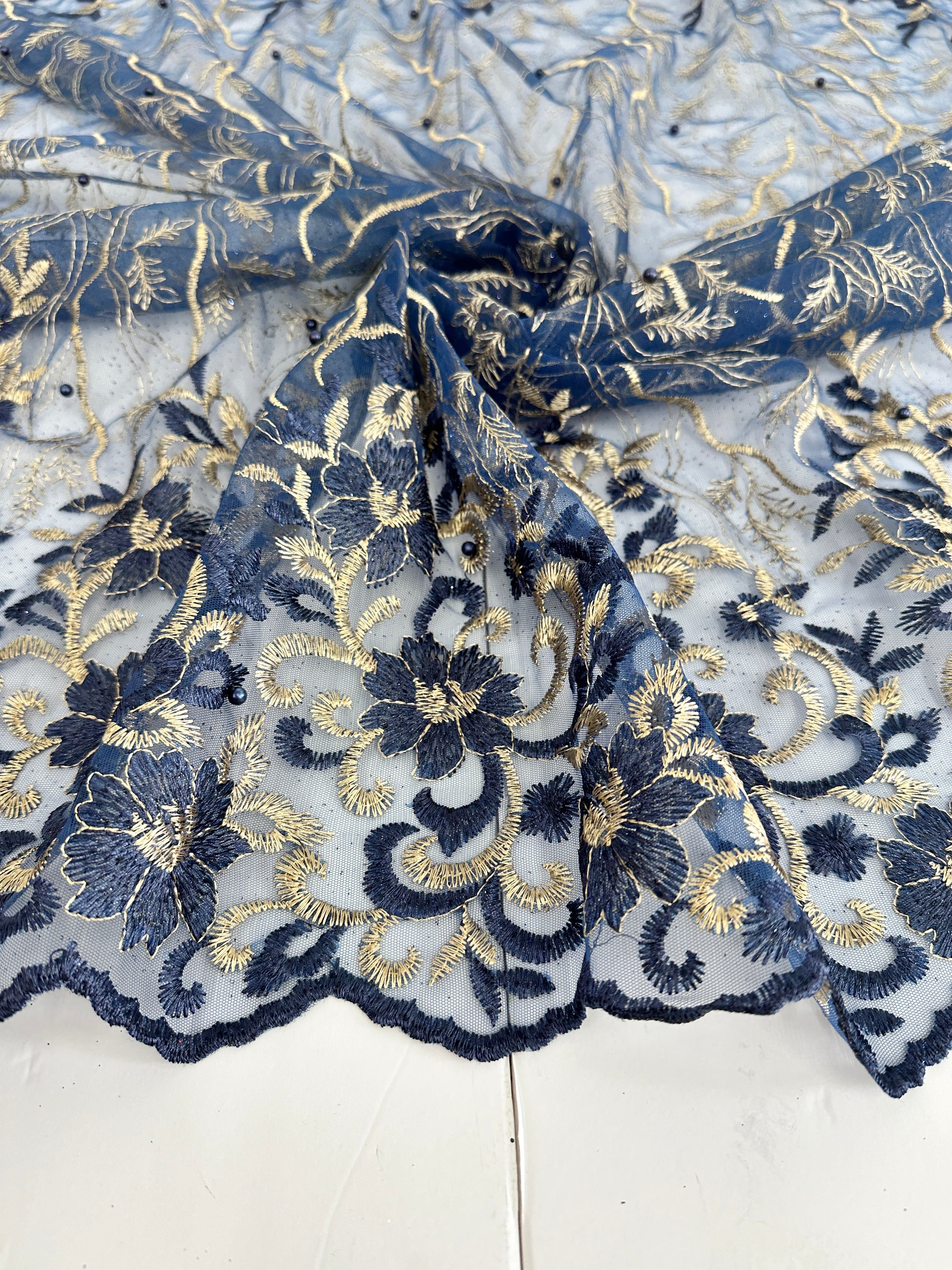 Gold-Navy Embroidered Glitter Floral Scalloped Lace, Shop Fabrics Online, Sewing, Fabric Store, Sewing Store, Cheap Fabric Store, Kiki Textiles, Textile by the Yard