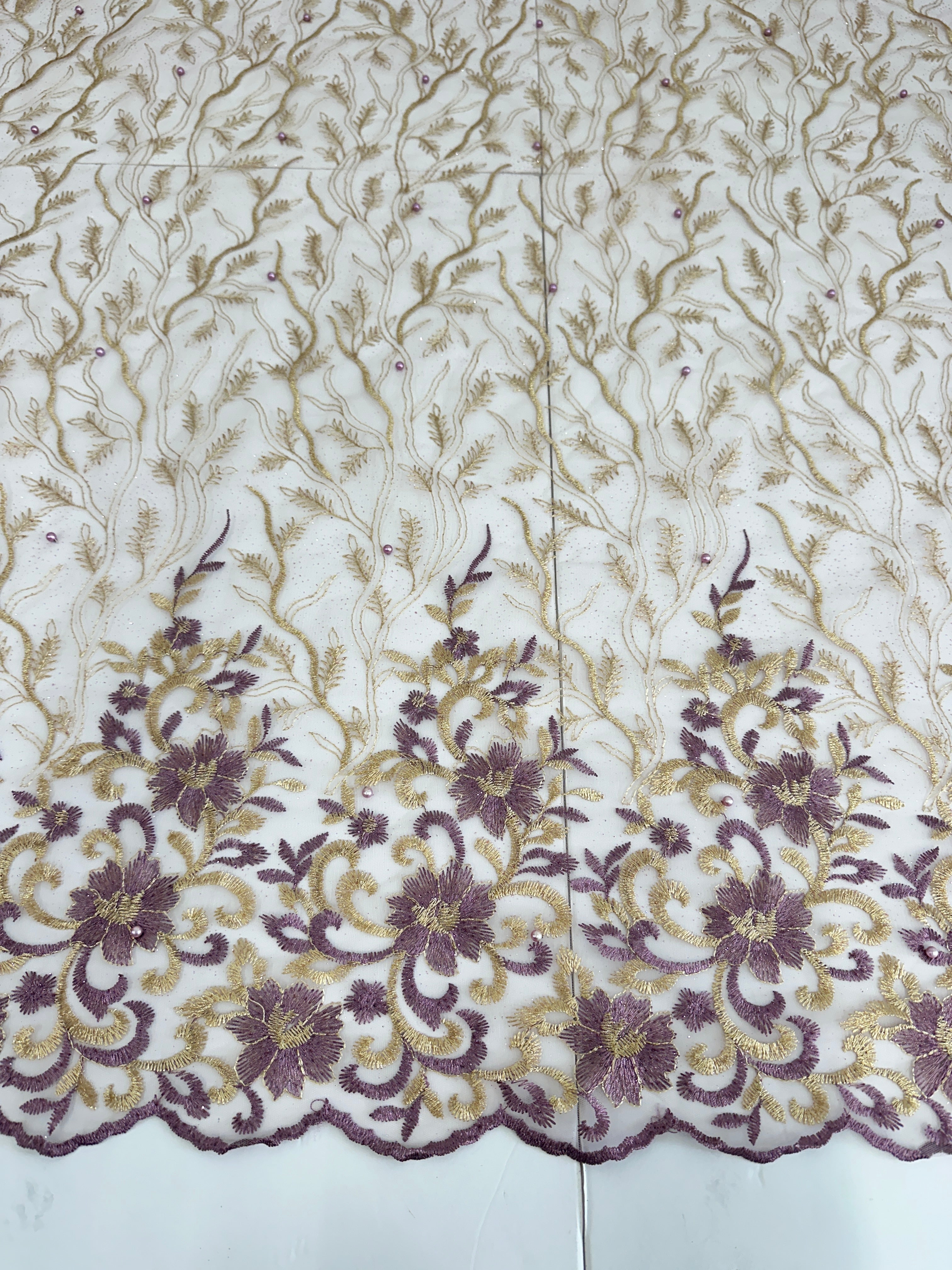 Gold-Lavender Embroidered Glitter Floral Scalloped Lace, Gold-Lavender Lace, Embroidered Lace, Nude Lace Mesh, Lace for Woman, Lace for Bride, Lace on Sale, Lace on Discount