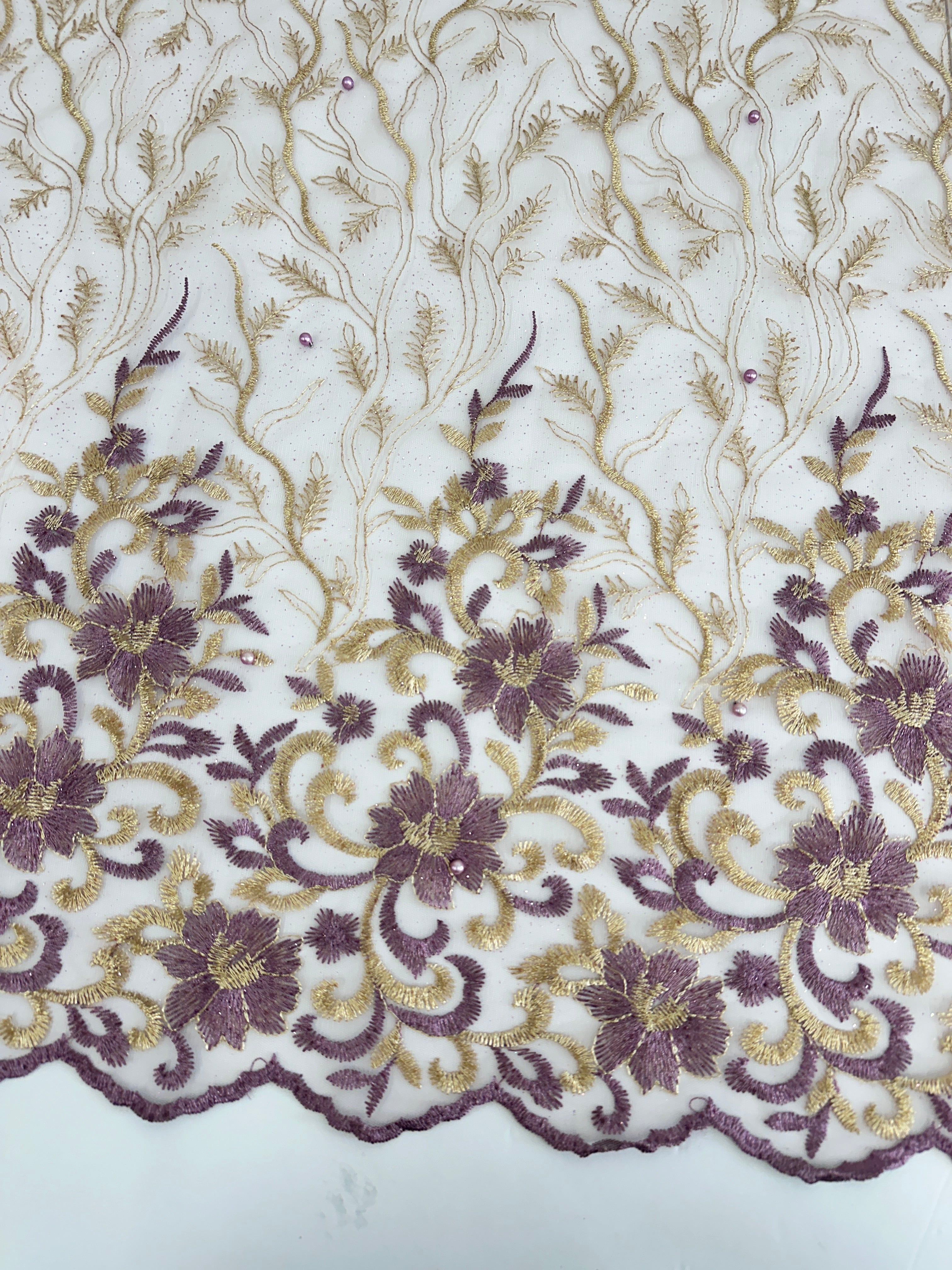 Gold-Lavender Embroidered Glitter Floral Scalloped Lace, Gold-Lavender Lace, Embroidered Lace, Nude Lace Mesh, Lace for Woman, Lace for Bride, Lace on Sale, Lace on Discount