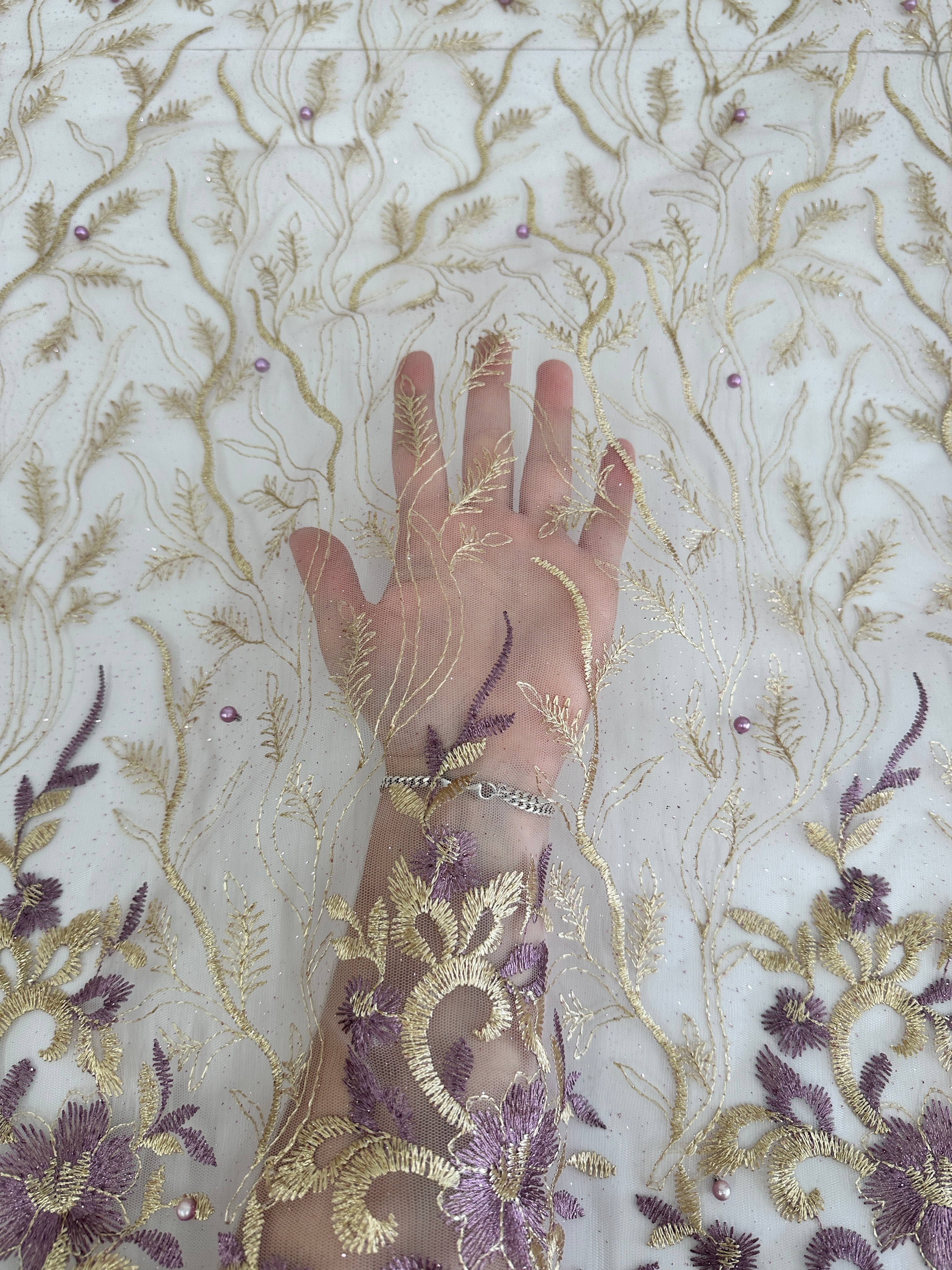 Gold-Lavender Embroidered Glitter Floral Scalloped Lace, Gold-Lavender Lace, Embroidered Lace, Nude Lace Mesh, Lace for Woman, Lace for Bride, Lace on Sale, Lace on Discount