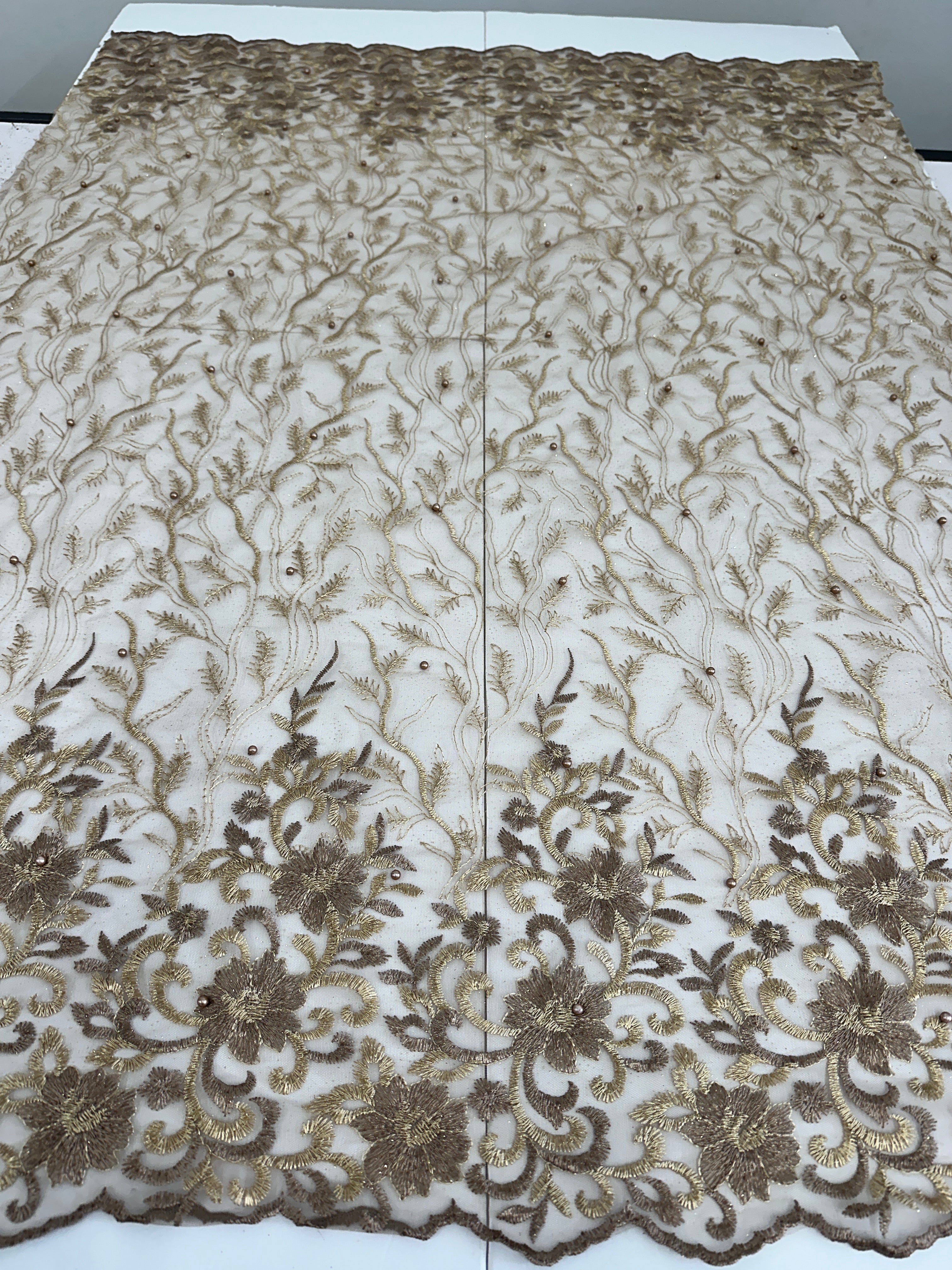 Gold-Khaki Embroidered Glitter Floral Scalloped Lace, Gold-Khaki Lace, Embroidered Lace, Nude Lace Mesh, Lace for Woman, Lace for Bride, Lace on Sale, Lace on Discount
