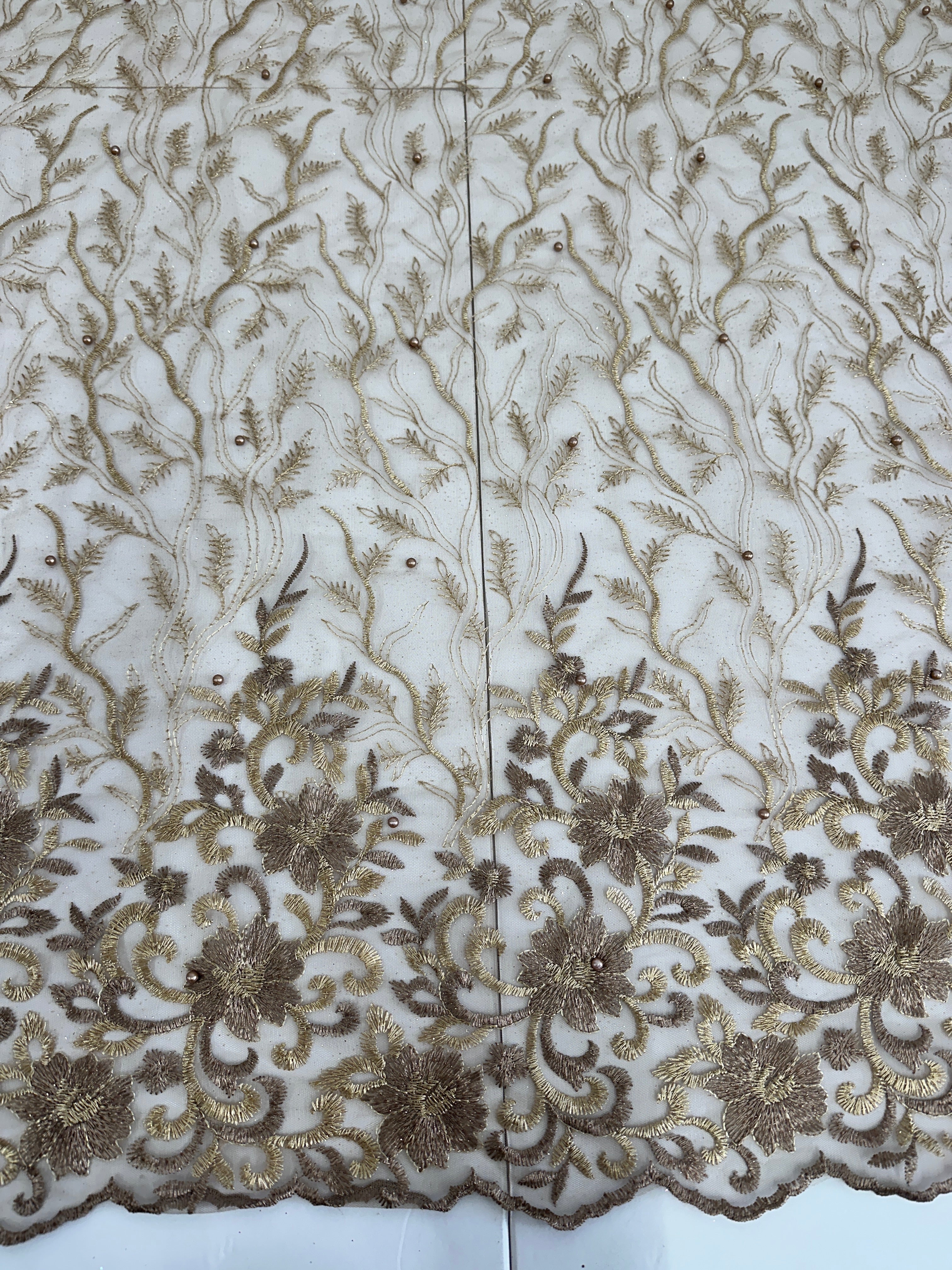Gold-Khaki Embroidered Glitter Floral Scalloped Lace, Shop Fabrics Online, Sewing, Fabric Store, Sewing Store, Cheap Fabric Store, Kiki Textiles, Textile by the Yard
