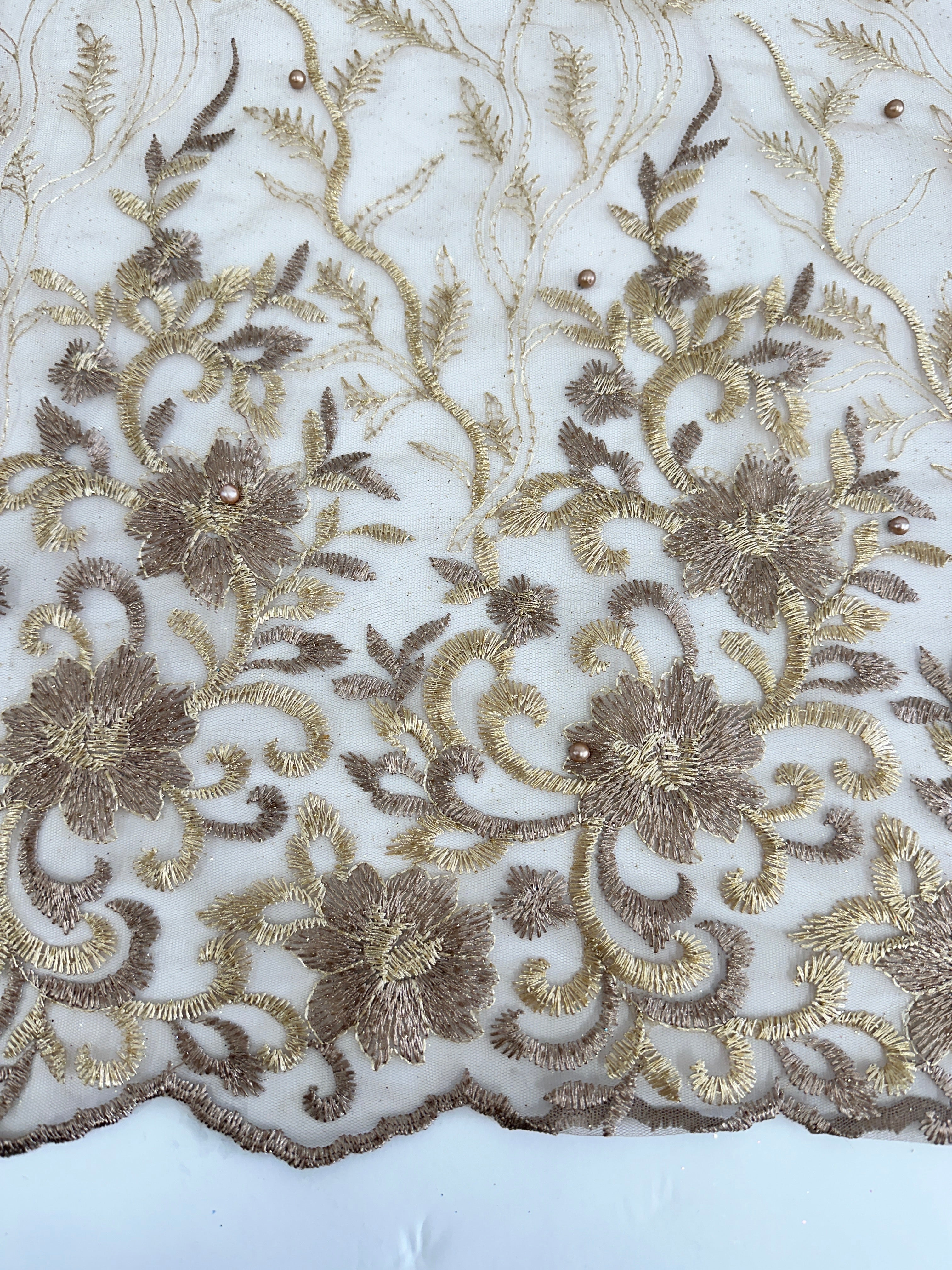 Gold-Khaki Embroidered Glitter Floral Scalloped Lace, Gold-Khaki Lace, Embroidered Lace, Nude Lace Mesh, Lace for Woman, Lace for Bride, Lace on Sale, Lace on Discount
