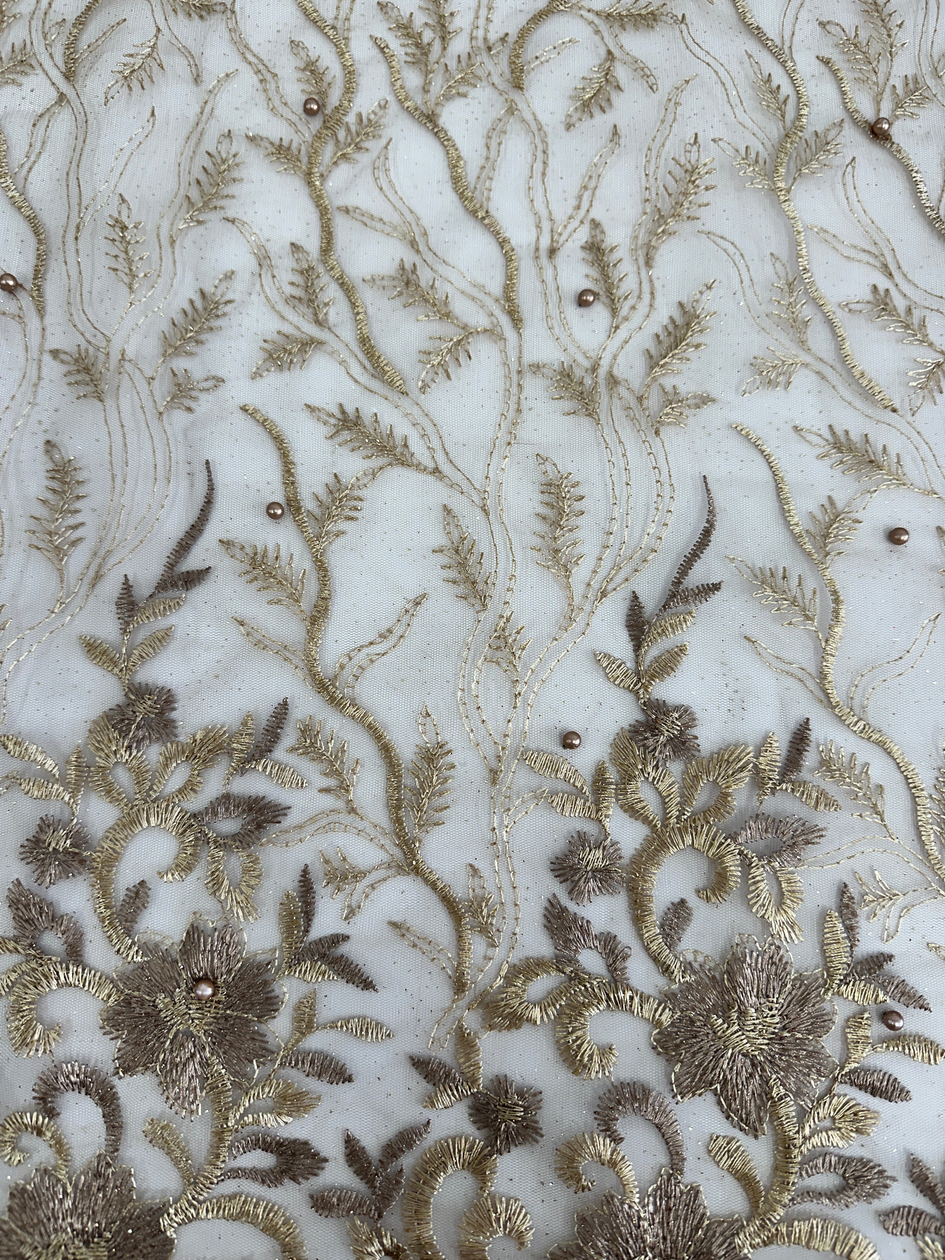 Gold-Khaki Embroidered Glitter Floral Scalloped Lace, Gold-Khaki Lace, Embroidered Lace, Nude Lace Mesh, Lace for Woman, Lace for Bride, Lace on Sale, Lace on Discount