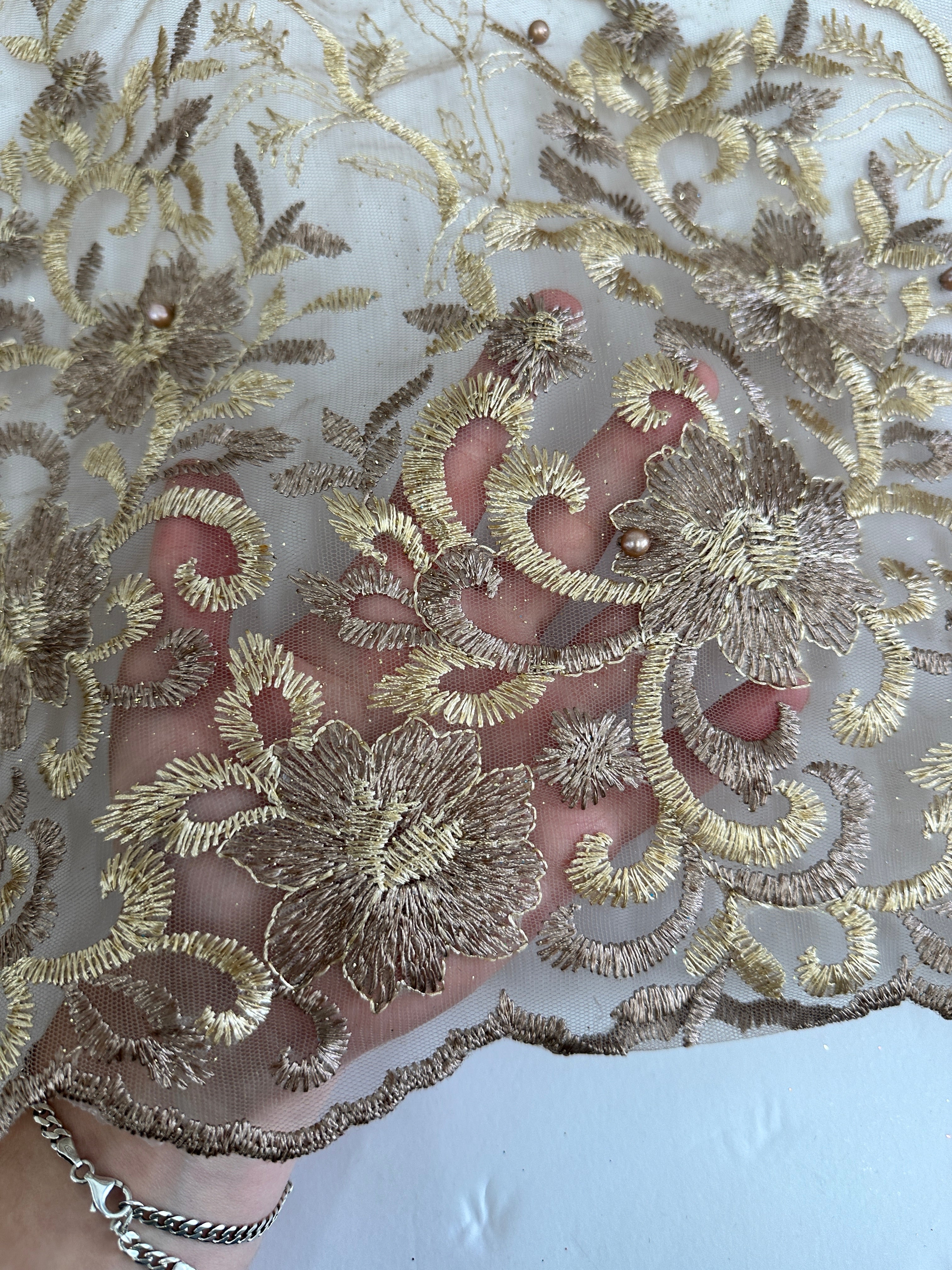 Gold-Khaki Embroidered Glitter Floral Scalloped Lace, Gold-Khaki Lace, Embroidered Lace, Nude Lace Mesh, Lace for Woman, Lace for Bride, Lace on Sale, Lace on Discount
