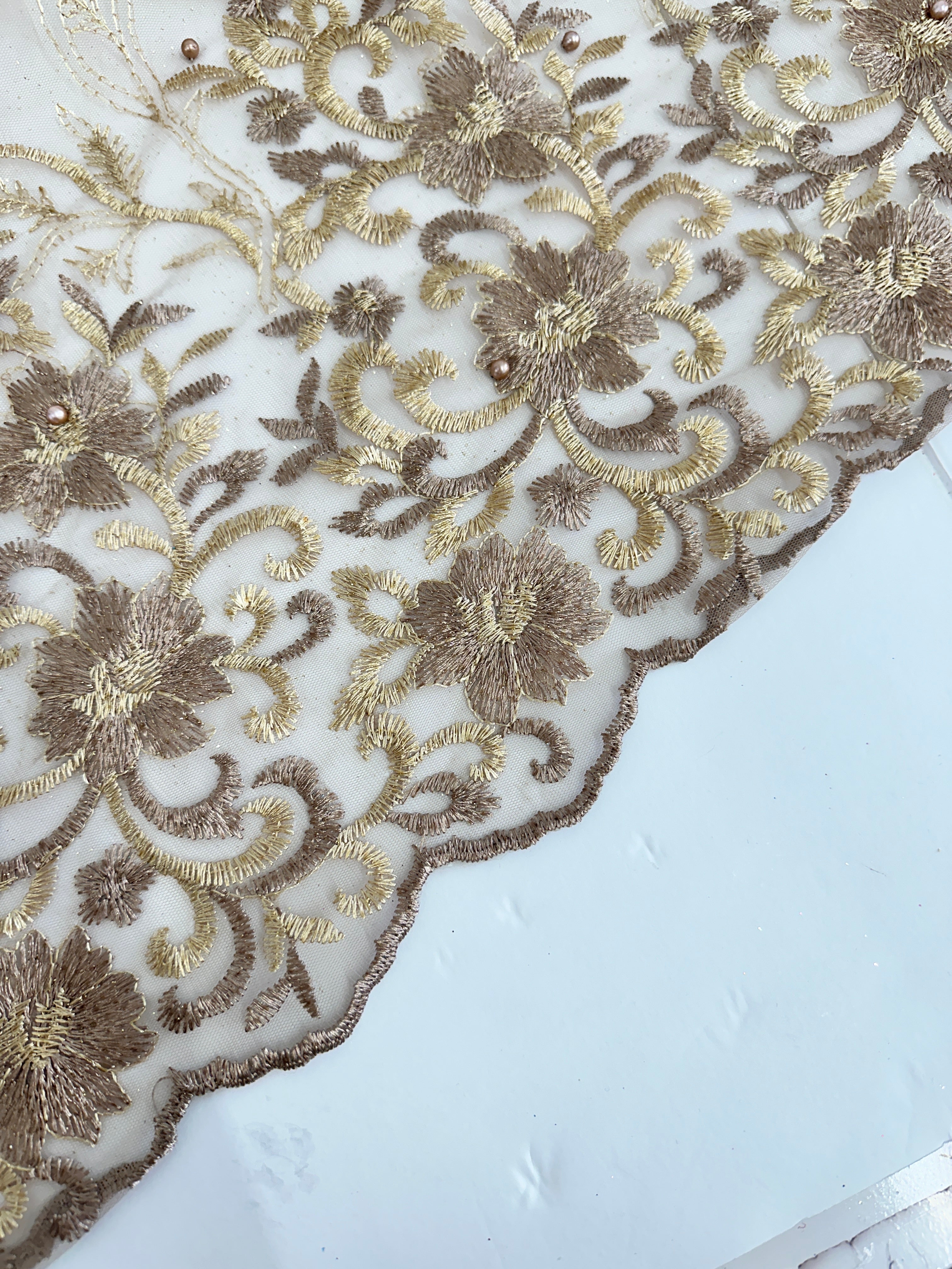 Gold-Khaki Embroidered Glitter Floral Scalloped Lace, Gold-Khaki Lace, Embroidered Lace, Nude Lace Mesh, Lace for Woman, Lace for Bride, Lace on Sale, Lace on Discount