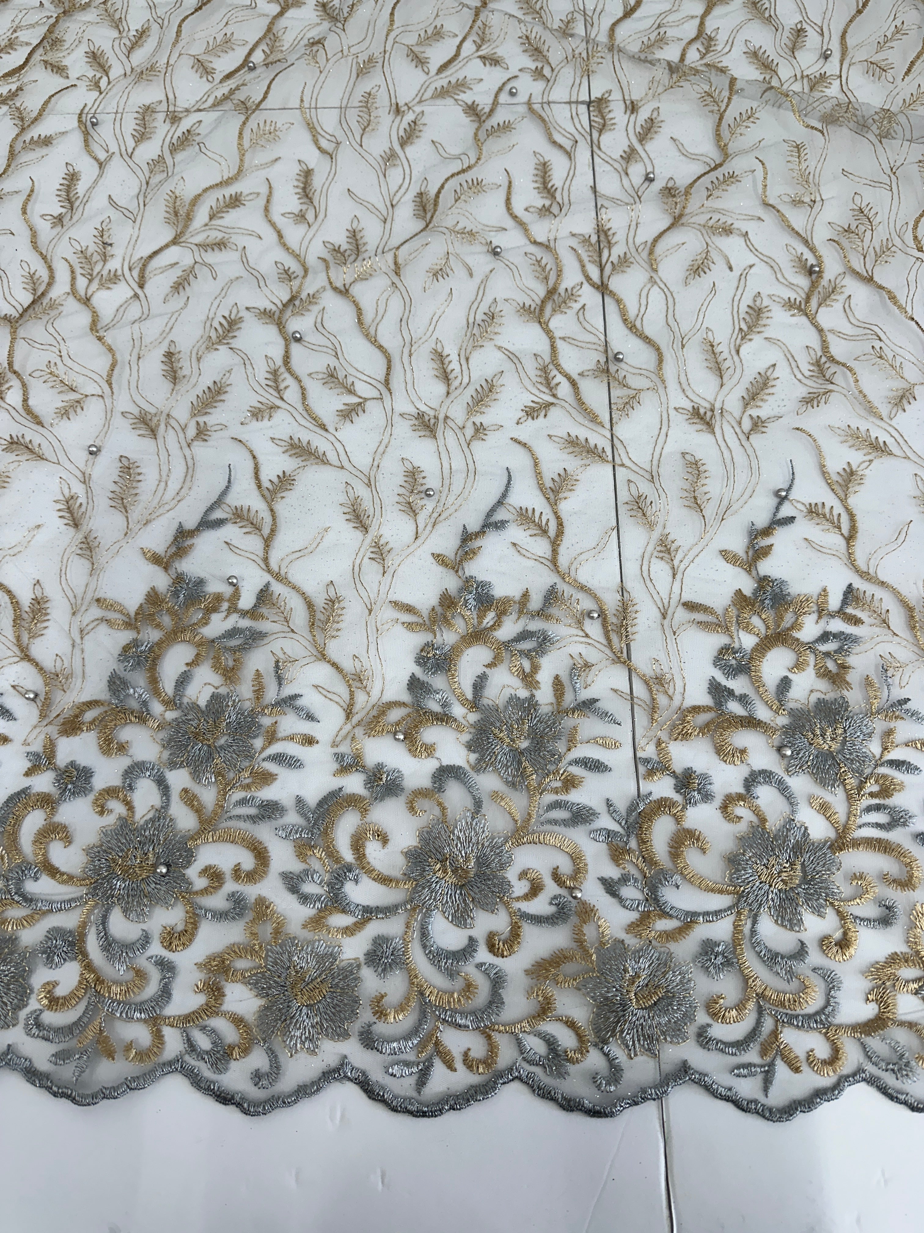 Gold-Silver Embroidered Glitter Floral Scalloped Lace, Gold-Silver Lace, Embroidered Lace, Nude Lace Mesh, Lace for Woman, Lace for Bride, Lace on Sale, Lace on Discount