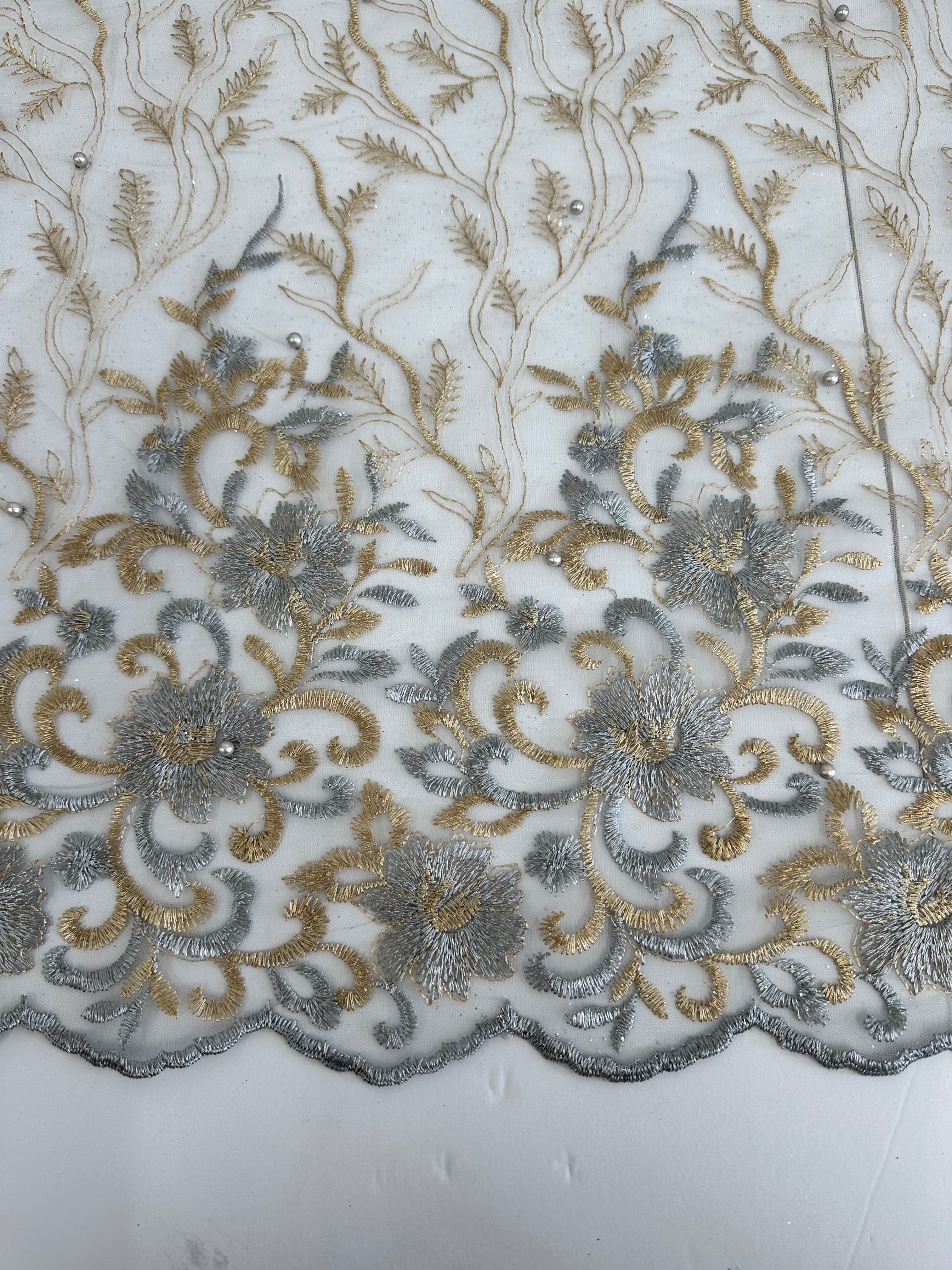 Gold-Silver Embroidered Glitter Floral Scalloped Lace, Shop Fabrics Online, Sewing, Fabric Store, Sewing Store, Cheap Fabric Store, Kiki Textiles, Textile by the Yard