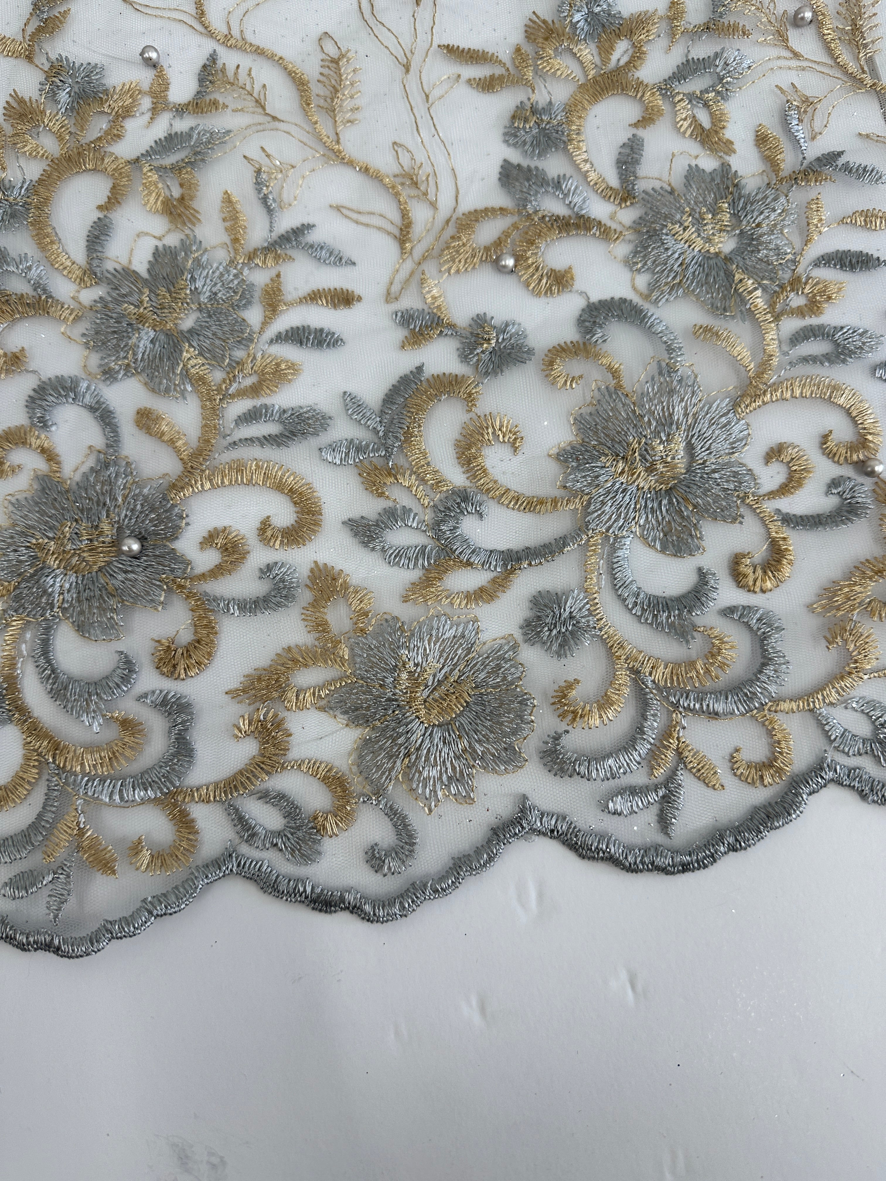 Gold-Silver Embroidered Glitter Floral Scalloped Lace, Shop Fabrics Online, Sewing, Fabric Store, Sewing Store, Cheap Fabric Store, Kiki Textiles, Textile by the Yard
