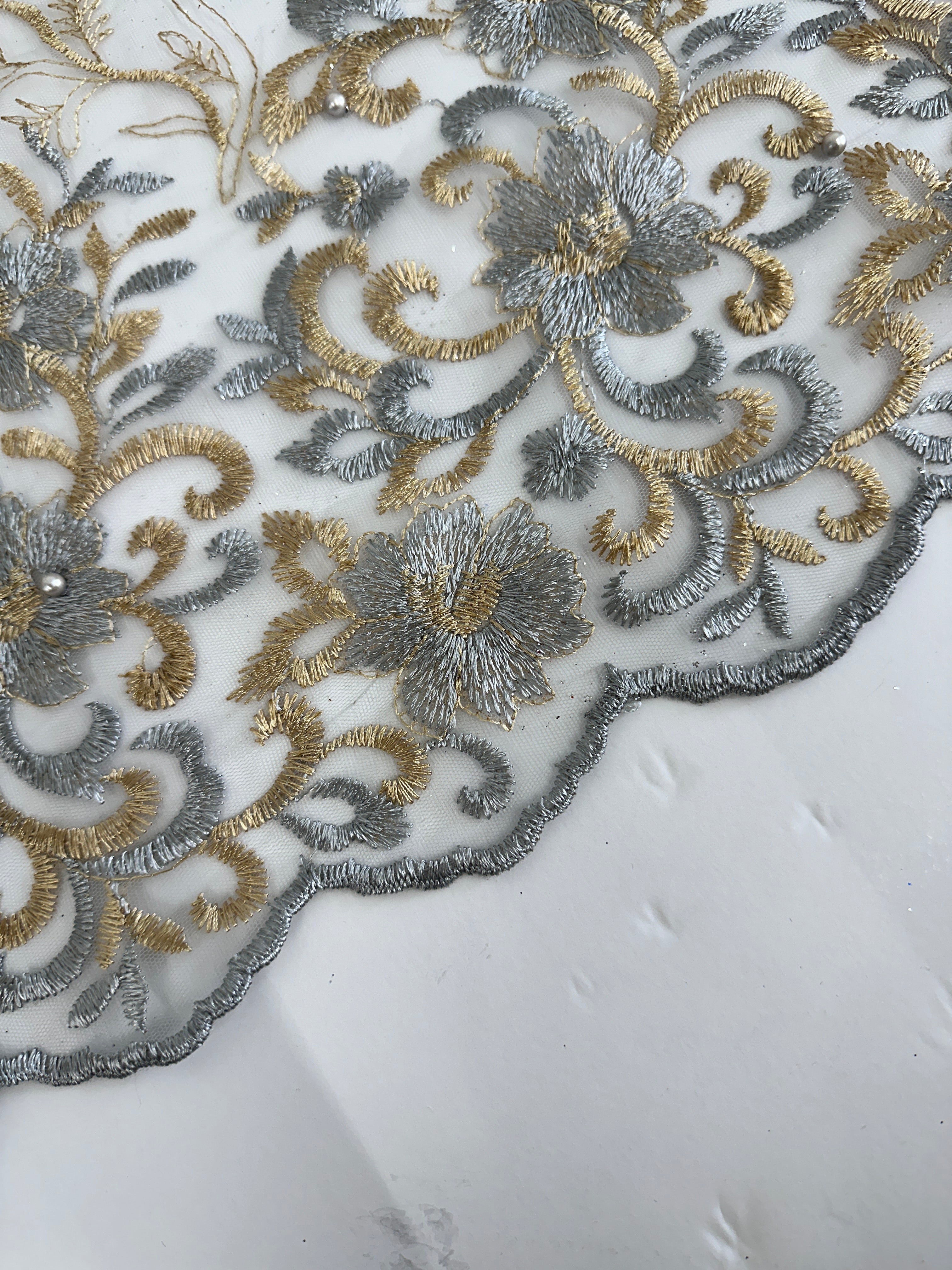 Gold-Silver Embroidered Glitter Floral Scalloped Lace, Gold-Silver Lace, Embroidered Lace, Nude Lace Mesh, Lace for Woman, Lace for Bride, Lace on Sale, Lace on Discount
