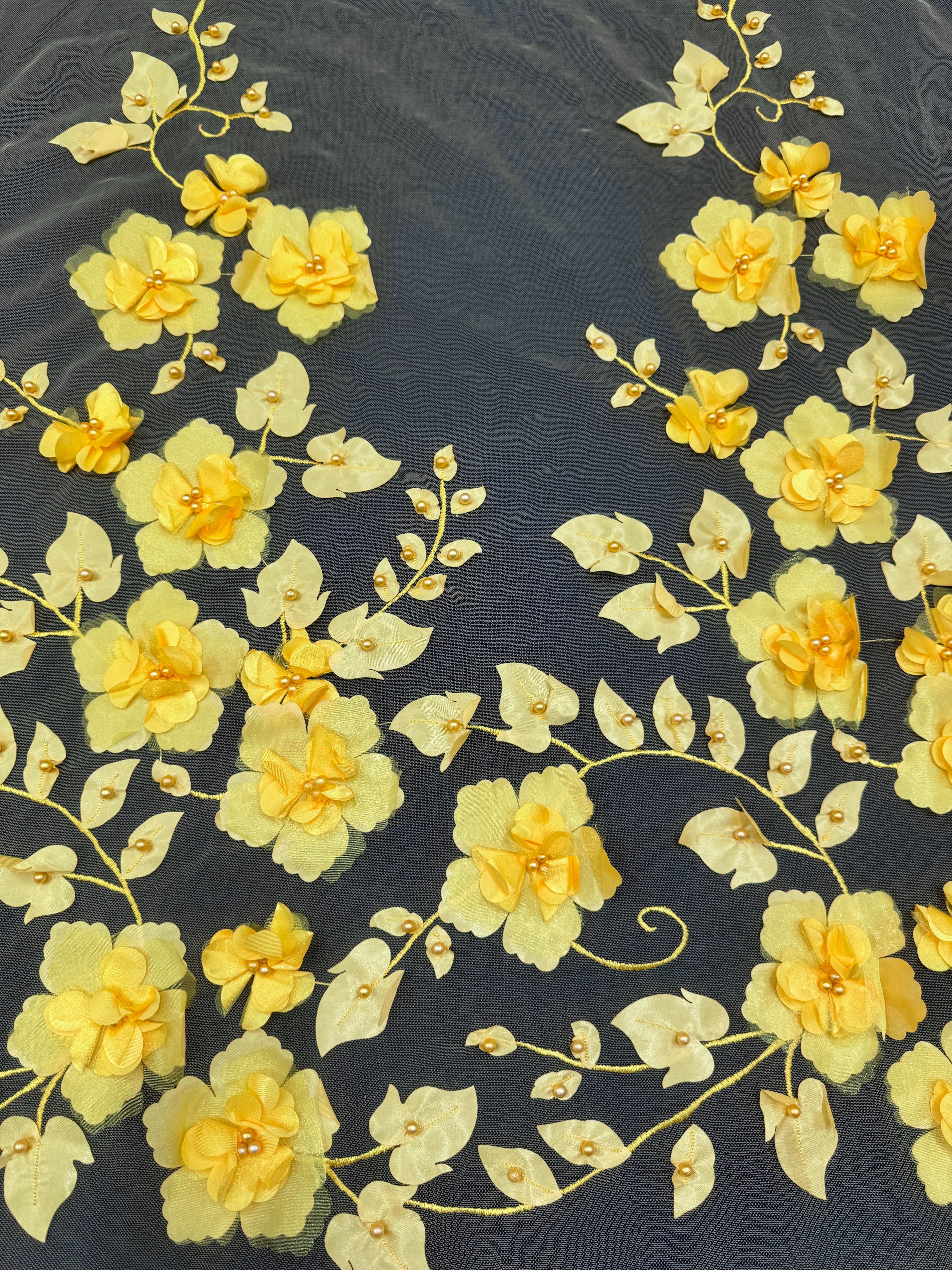 Yellow 3D Flower Beaded Lace Mesh