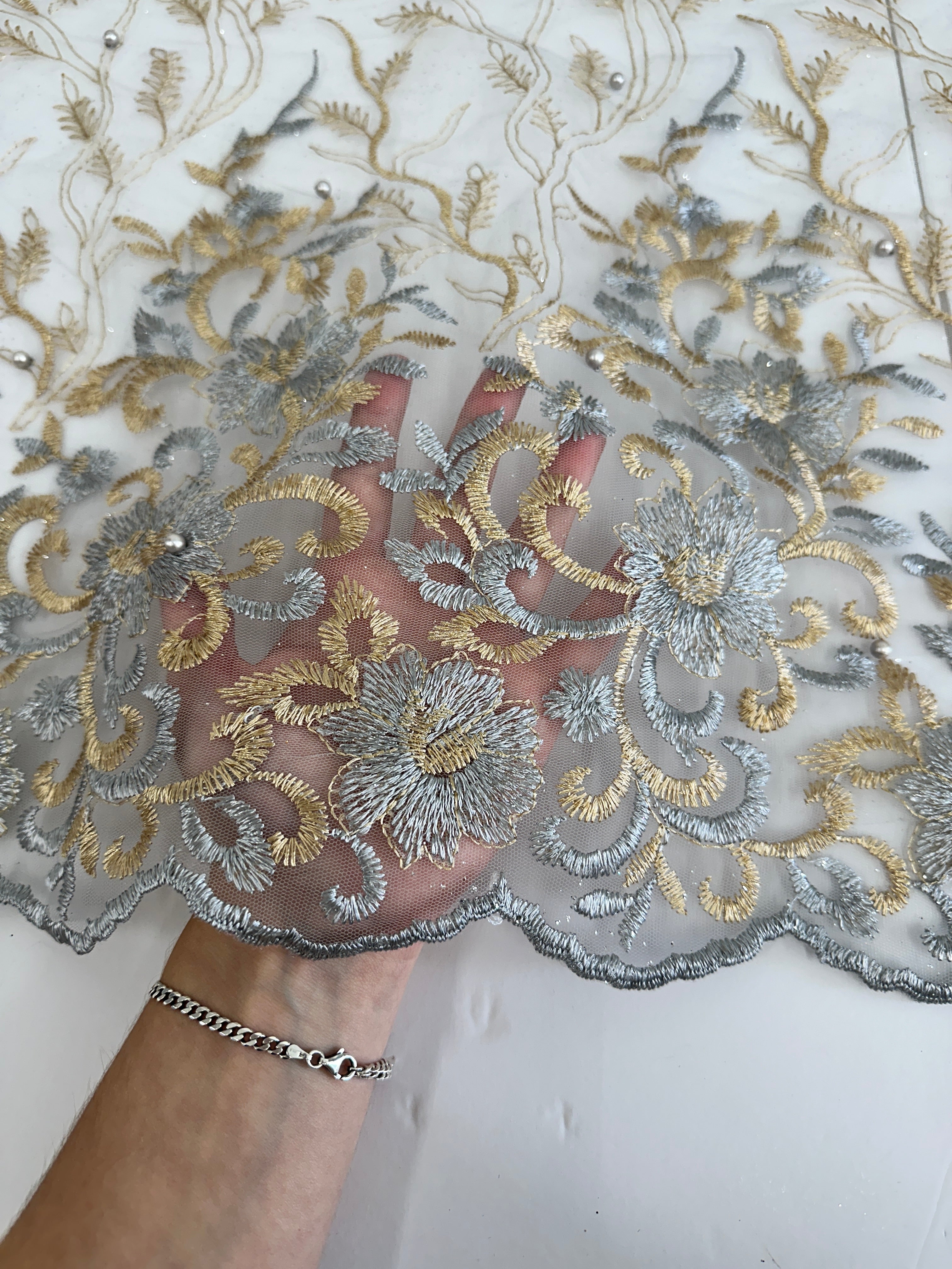 Gold-Silver Embroidered Glitter Floral Scalloped Lace, Shop Fabrics Online, Sewing, Fabric Store, Sewing Store, Cheap Fabric Store, Kiki Textiles, Textile by the Yard