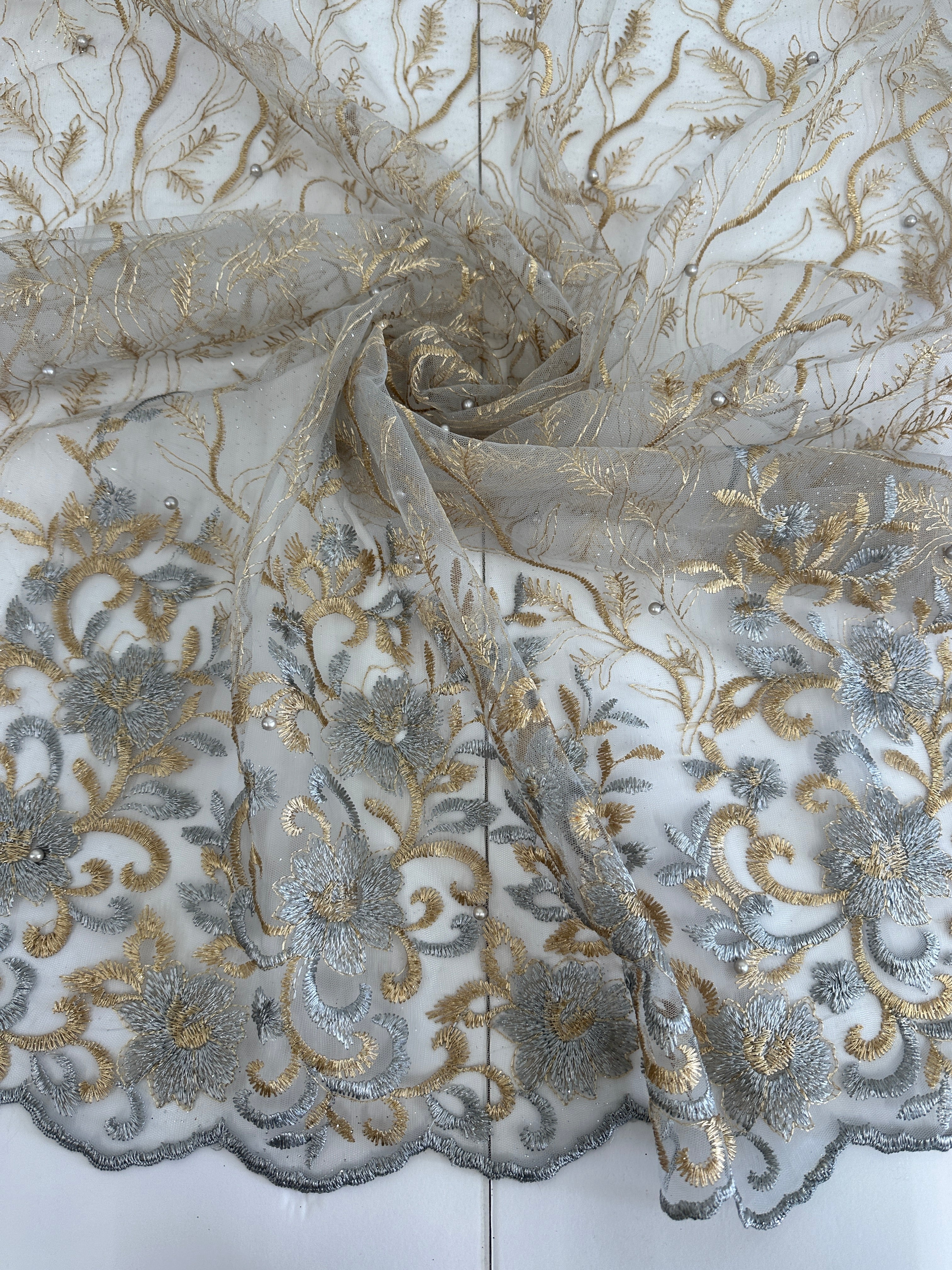 Gold-Silver Embroidered Glitter Floral Scalloped Lace, Shop Fabrics Online, Sewing, Fabric Store, Sewing Store, Cheap Fabric Store, Kiki Textiles, Textile by the Yard