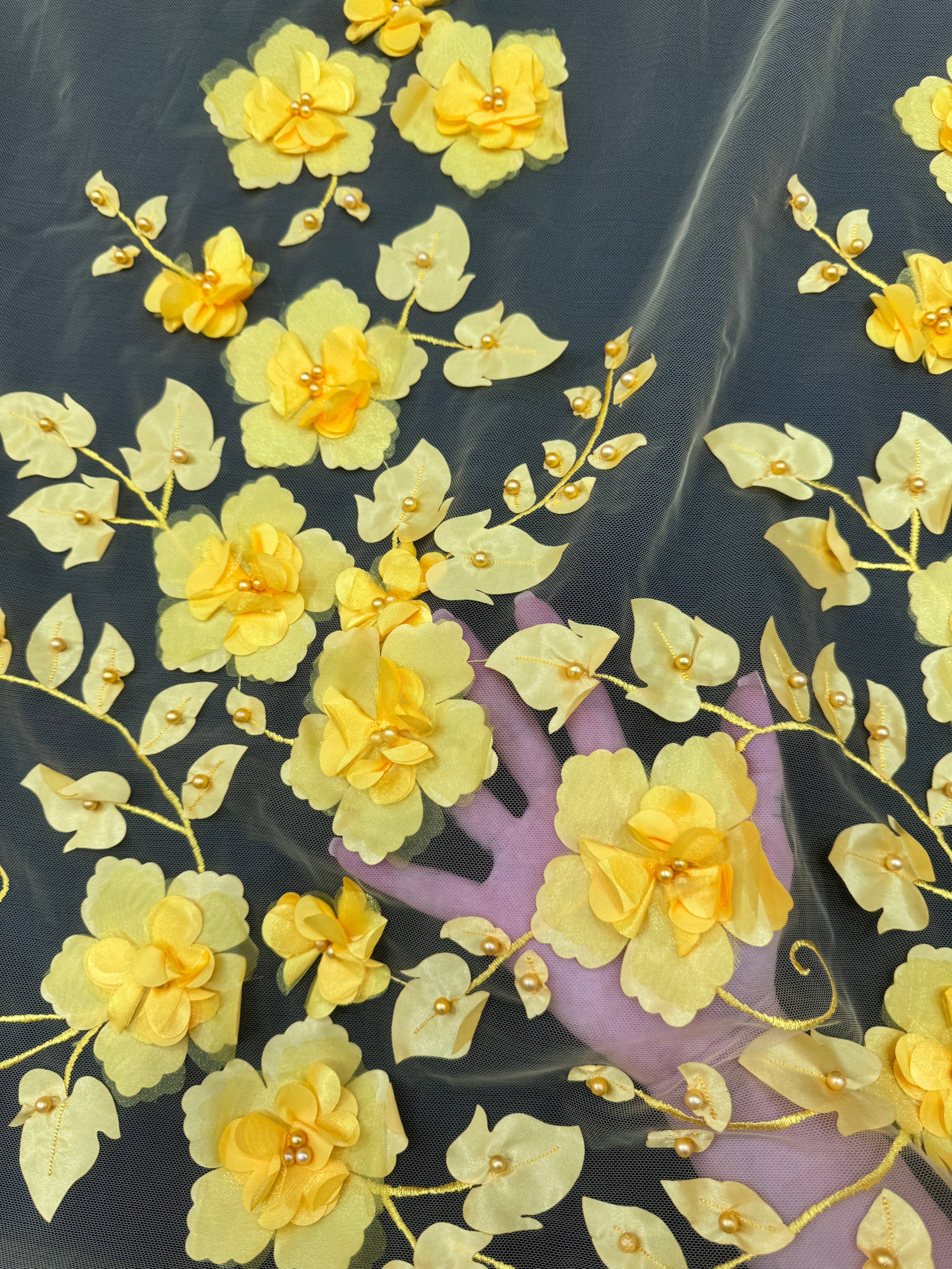 Yellow 3D Flower Beaded Lace Mesh, shop fabrics online, sewing, fabric store, sewing store, cheap fabric store, kiki textiles, textile by the yard