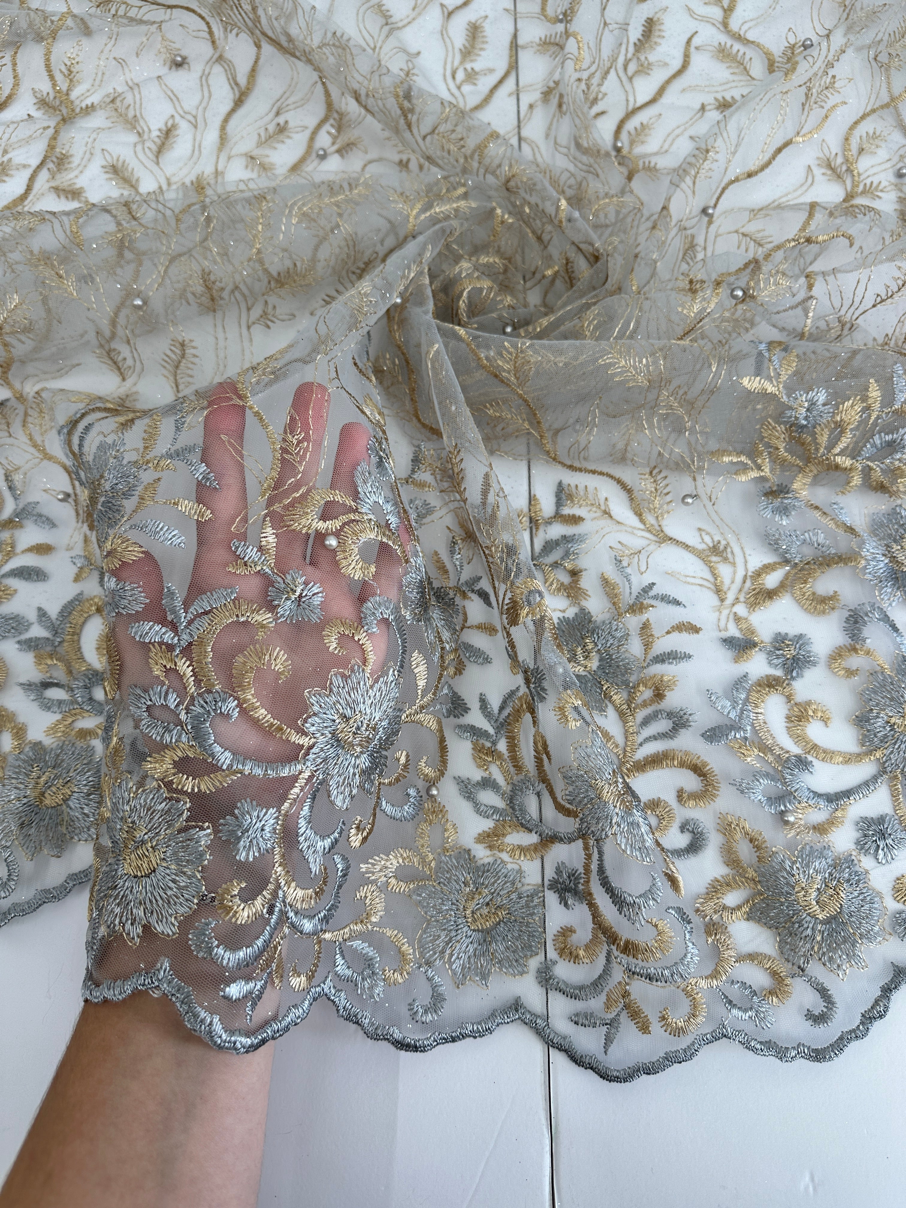 Gold-Silver Embroidered Glitter Floral Scalloped Lace, Shop Fabrics Online, Sewing, Fabric Store, Sewing Store, Cheap Fabric Store, Kiki Textiles, Textile by the Yard