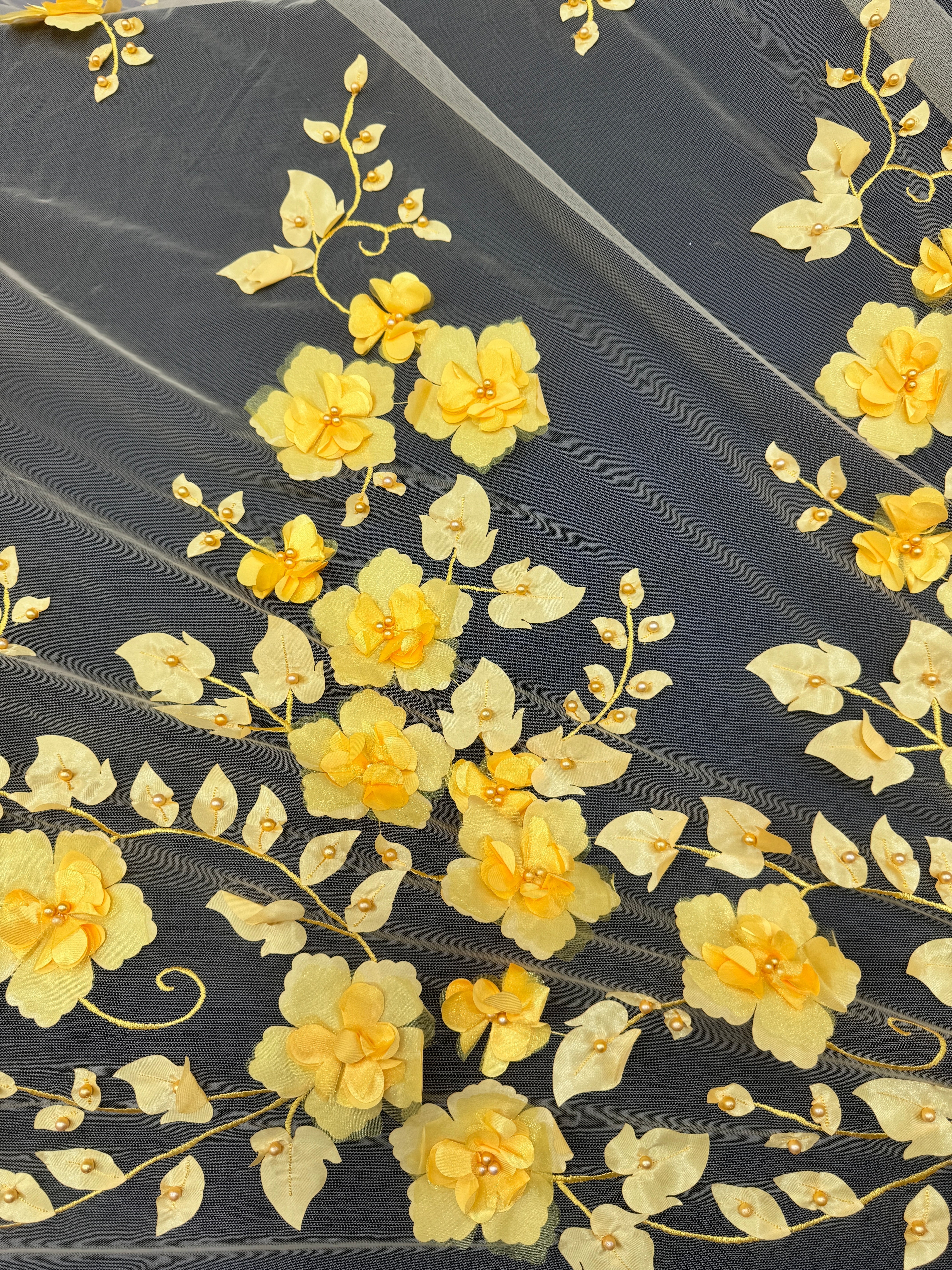 Yellow 3D Flower Beaded Lace Mesh, shop fabrics online, sewing, fabric store, sewing store, cheap fabric store, kiki textiles, textile by the yard