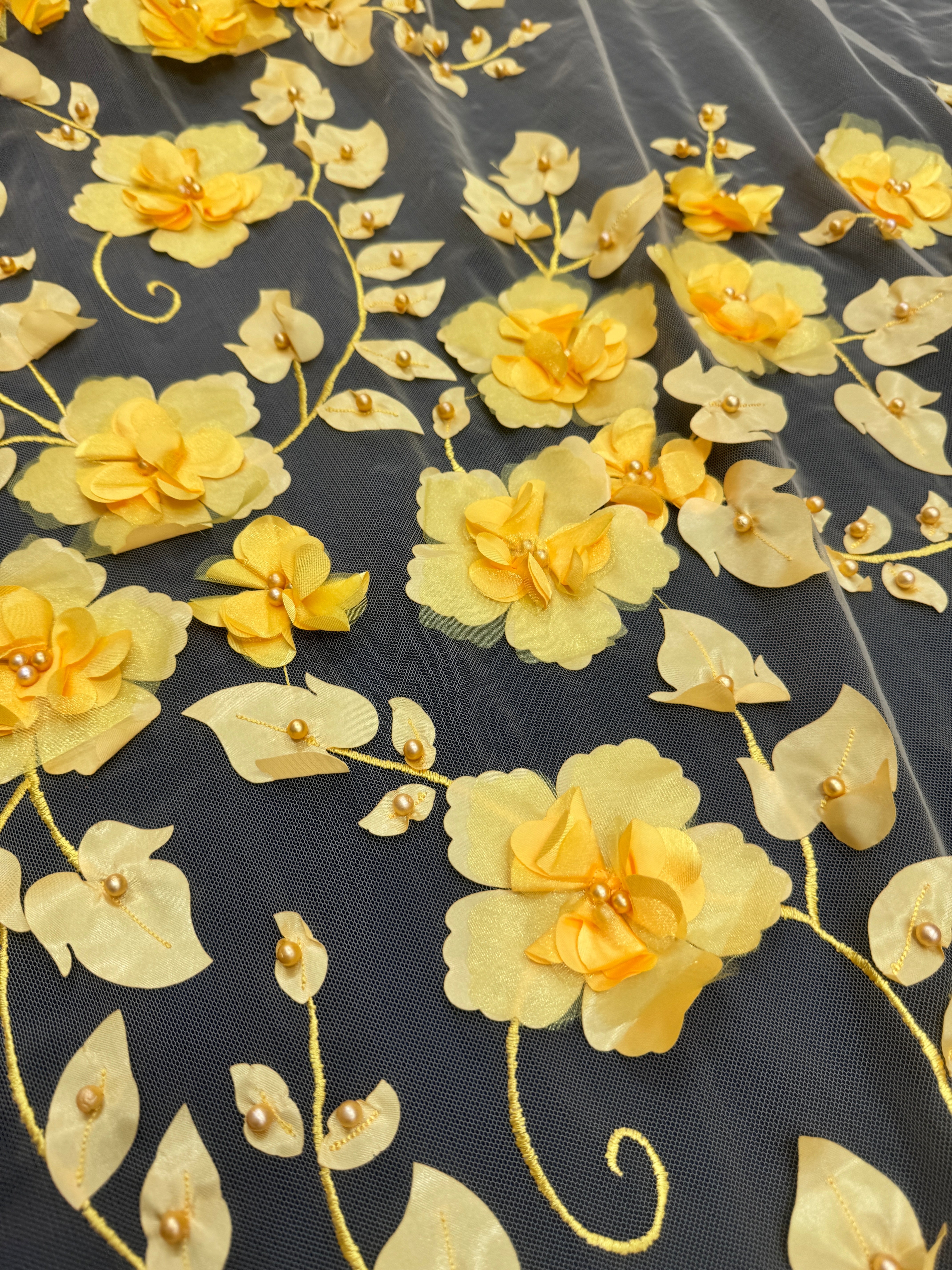 Yellow 3D Flower Beaded Lace Mesh, Yellow Mesh, Nude lace mesh, lace mesh for woman, lace mesh for bride, lace mesh on sale, lace mesh on discount
