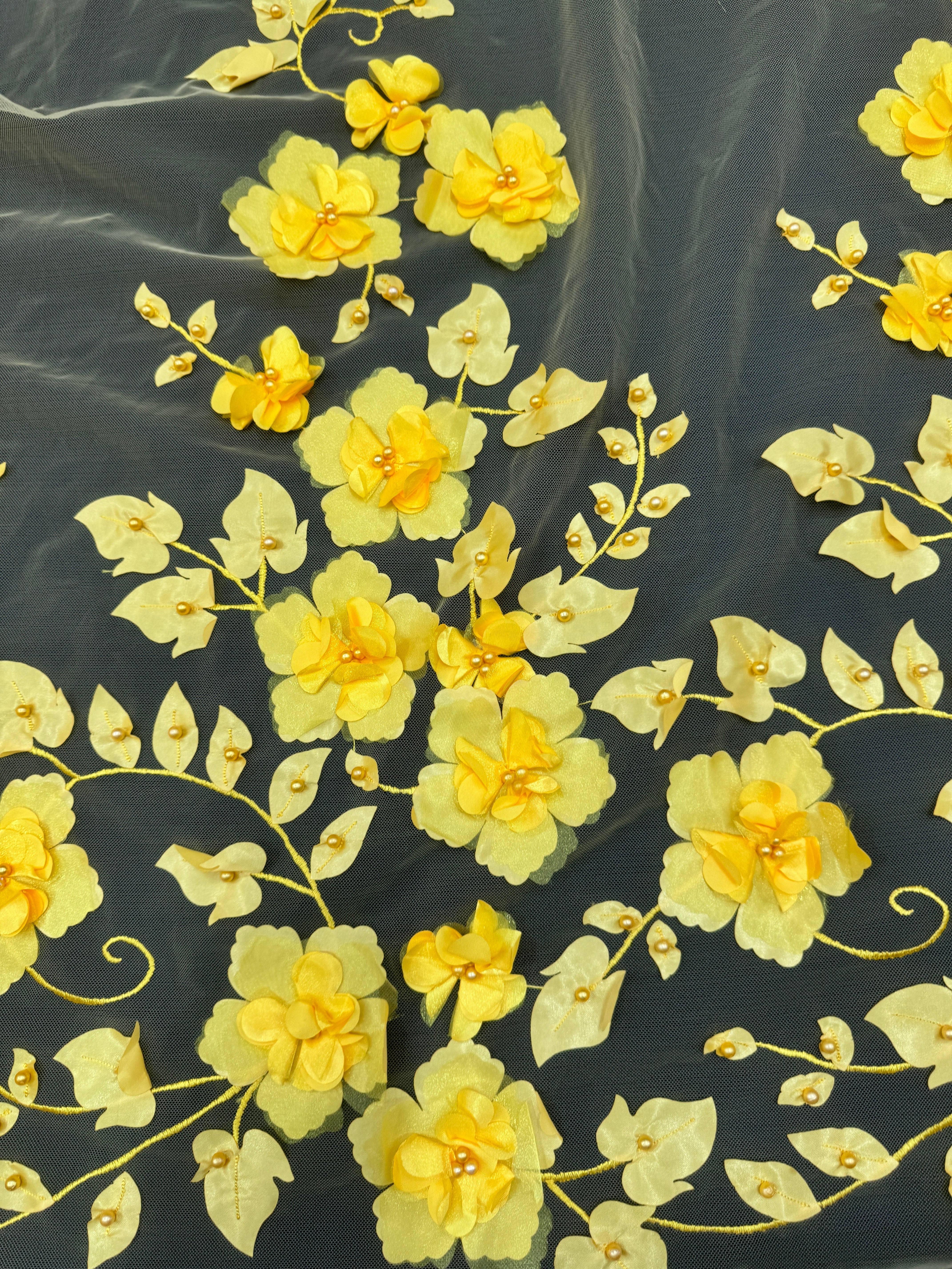 Yellow 3D Flower Beaded Lace Mesh, shop fabrics online, sewing, fabric store, sewing store, cheap fabric store, kiki textiles, textile by the yard