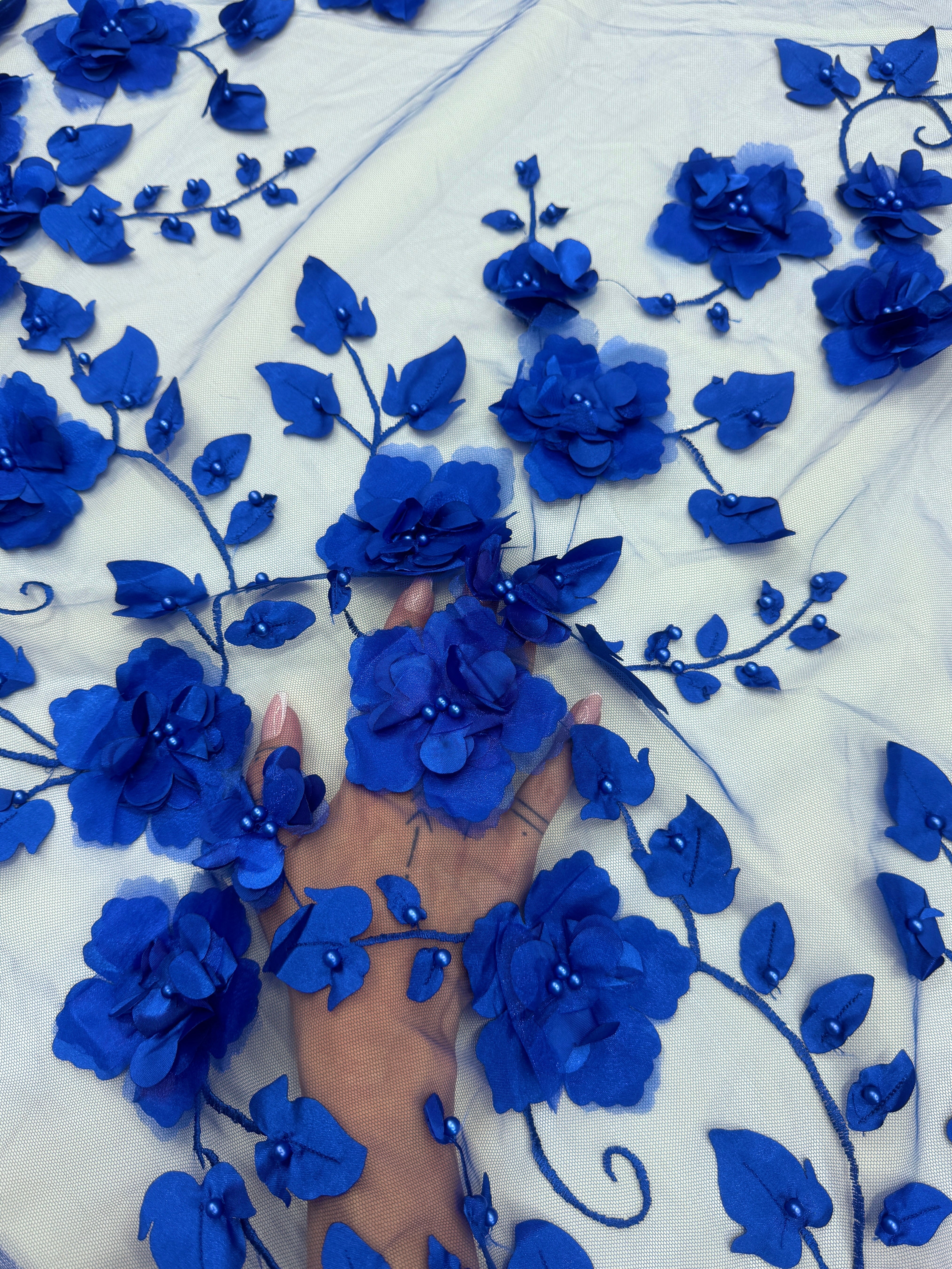 Royal Blue 3D Flower Beaded lace mesh, Blue Mesh, Nude lace mesh, lace mesh for woman, lace mesh for bride, lace mesh on sale, lace mesh on discount