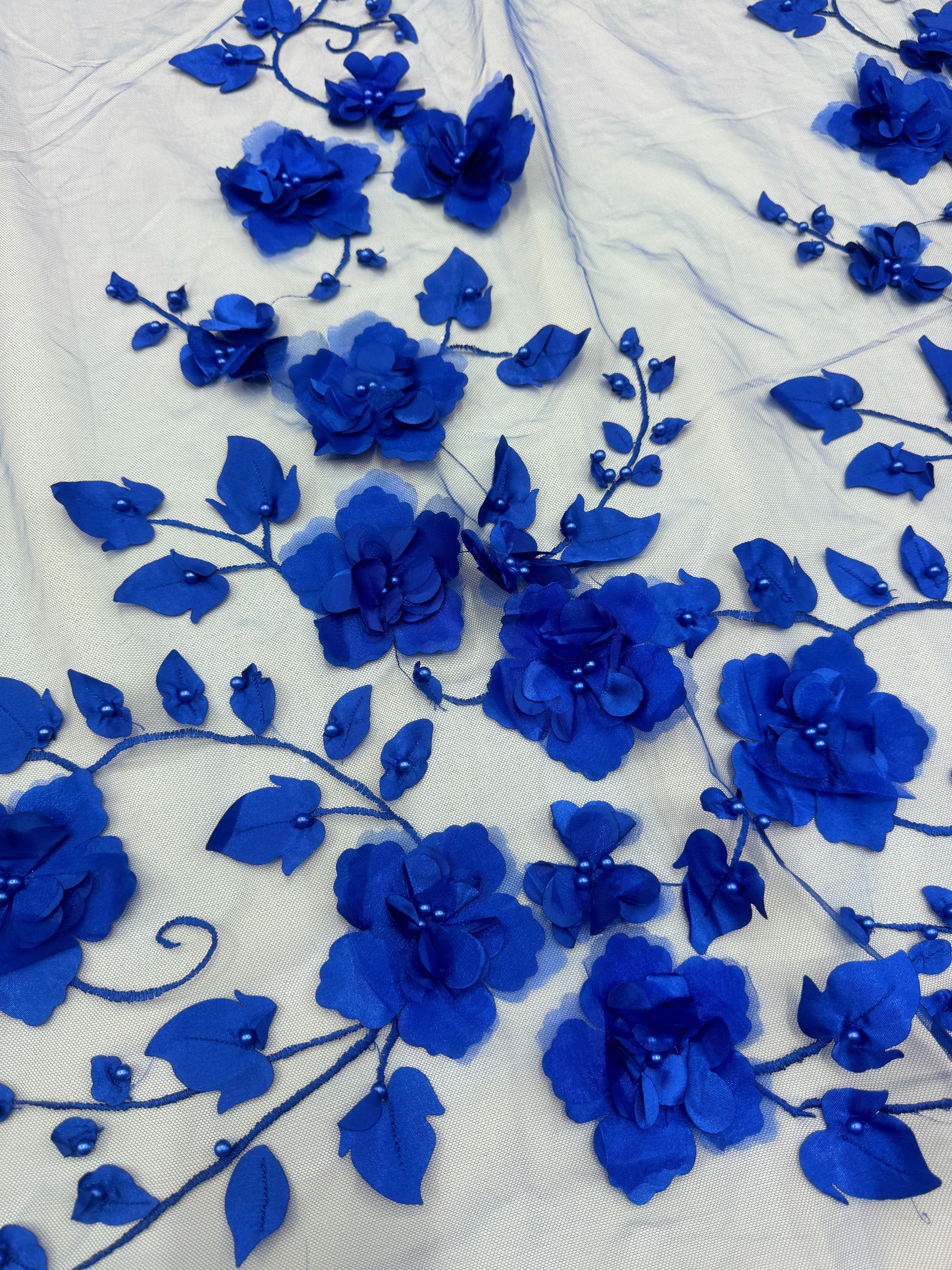 Royal Blue 3D Flower Beaded lace mesh, shop fabrics online, sewing, fabric store, sewing store, cheap fabric store, kiki textiles, textile by the yard