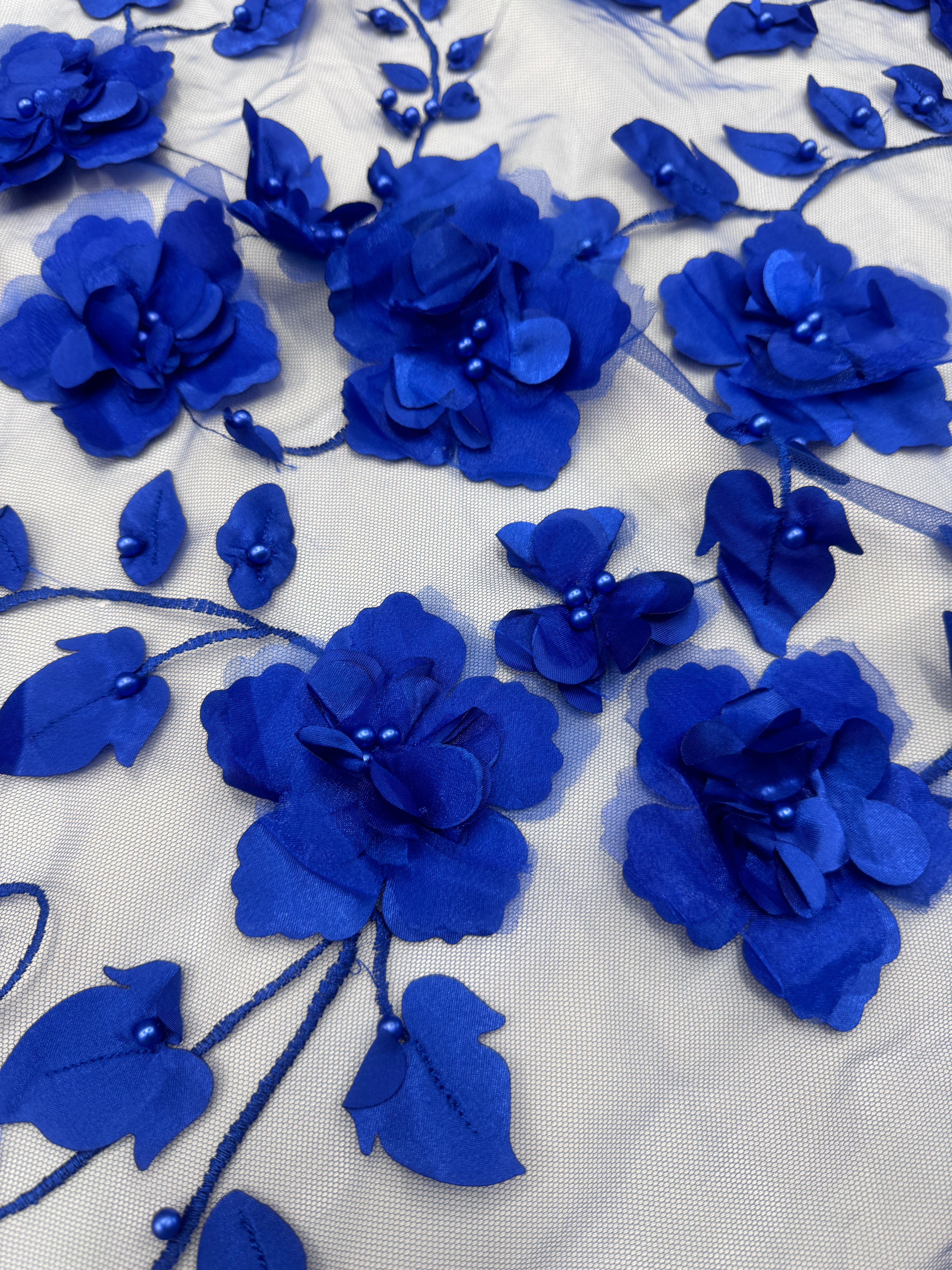 Royal Blue 3D Flower Beaded lace mesh, shop fabrics online, sewing, fabric store, sewing store, cheap fabric store, kiki textiles, textile by the yard