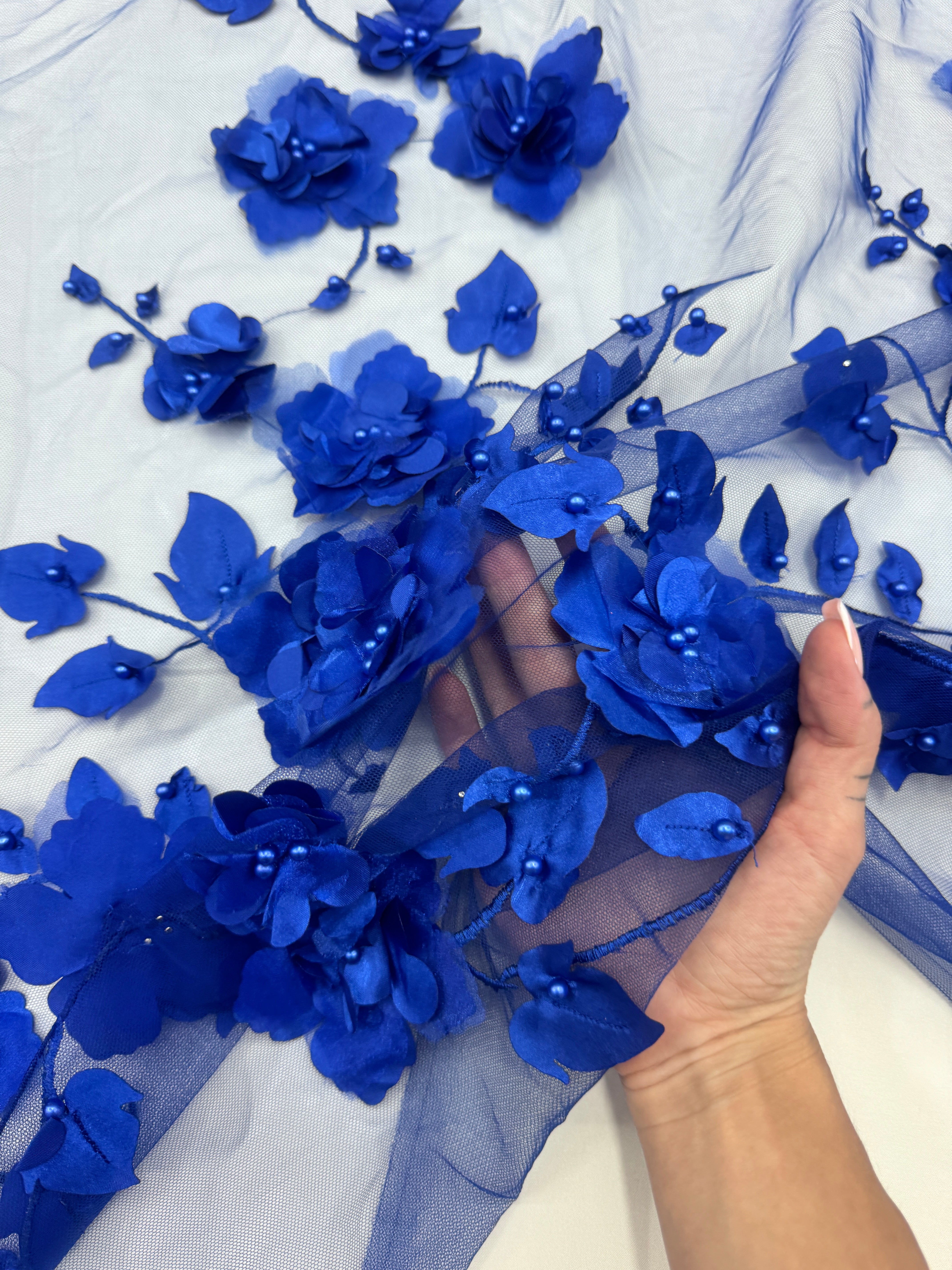 Royal Blue 3D Flower Beaded lace mesh, Blue Mesh, Nude lace mesh, lace mesh for woman, lace mesh for bride, lace mesh on sale, lace mesh on discount