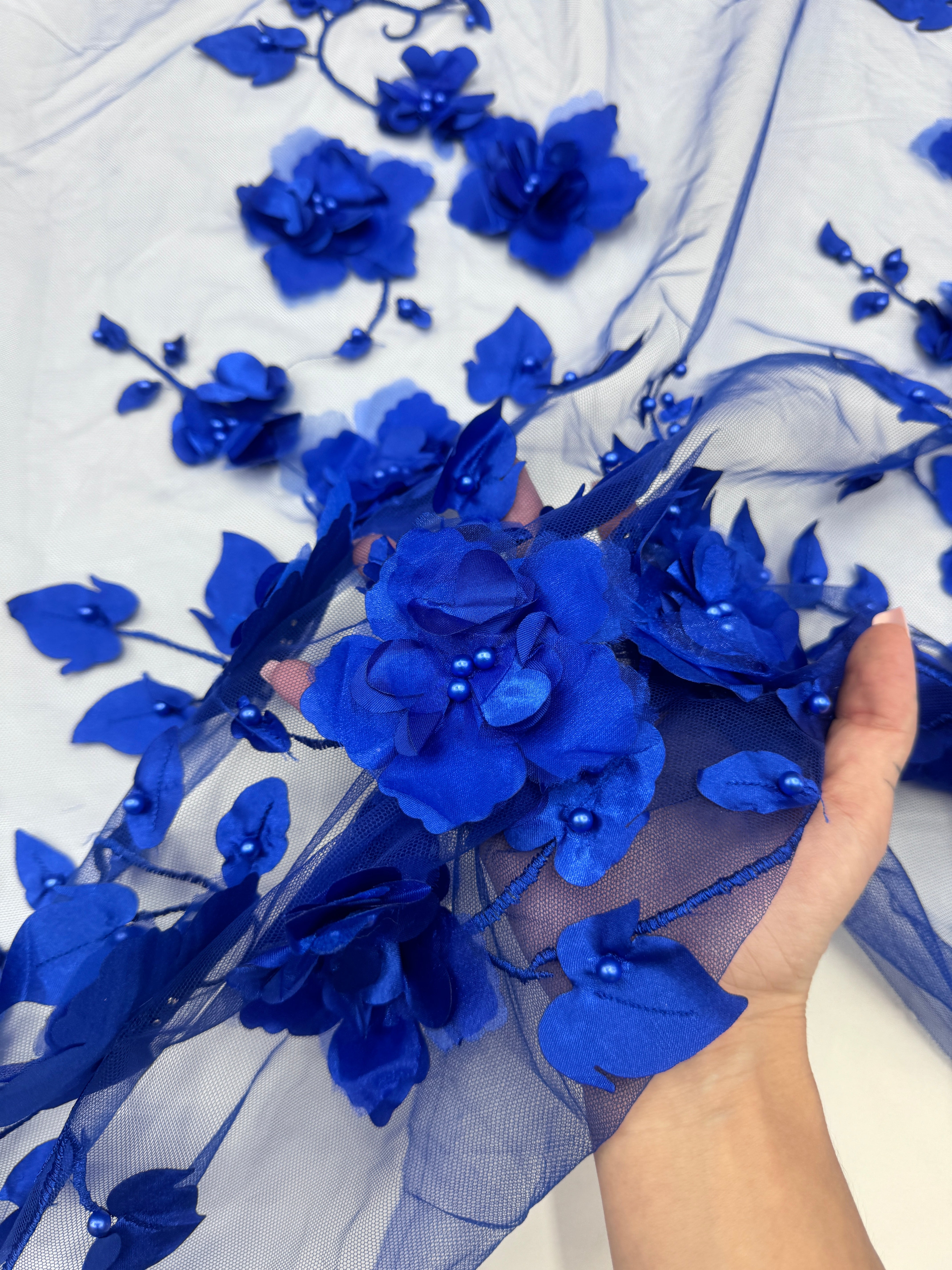 Royal Blue 3D Flower Beaded lace mesh, shop fabrics online, sewing, fabric store, sewing store, cheap fabric store, kiki textiles, textile by the yard