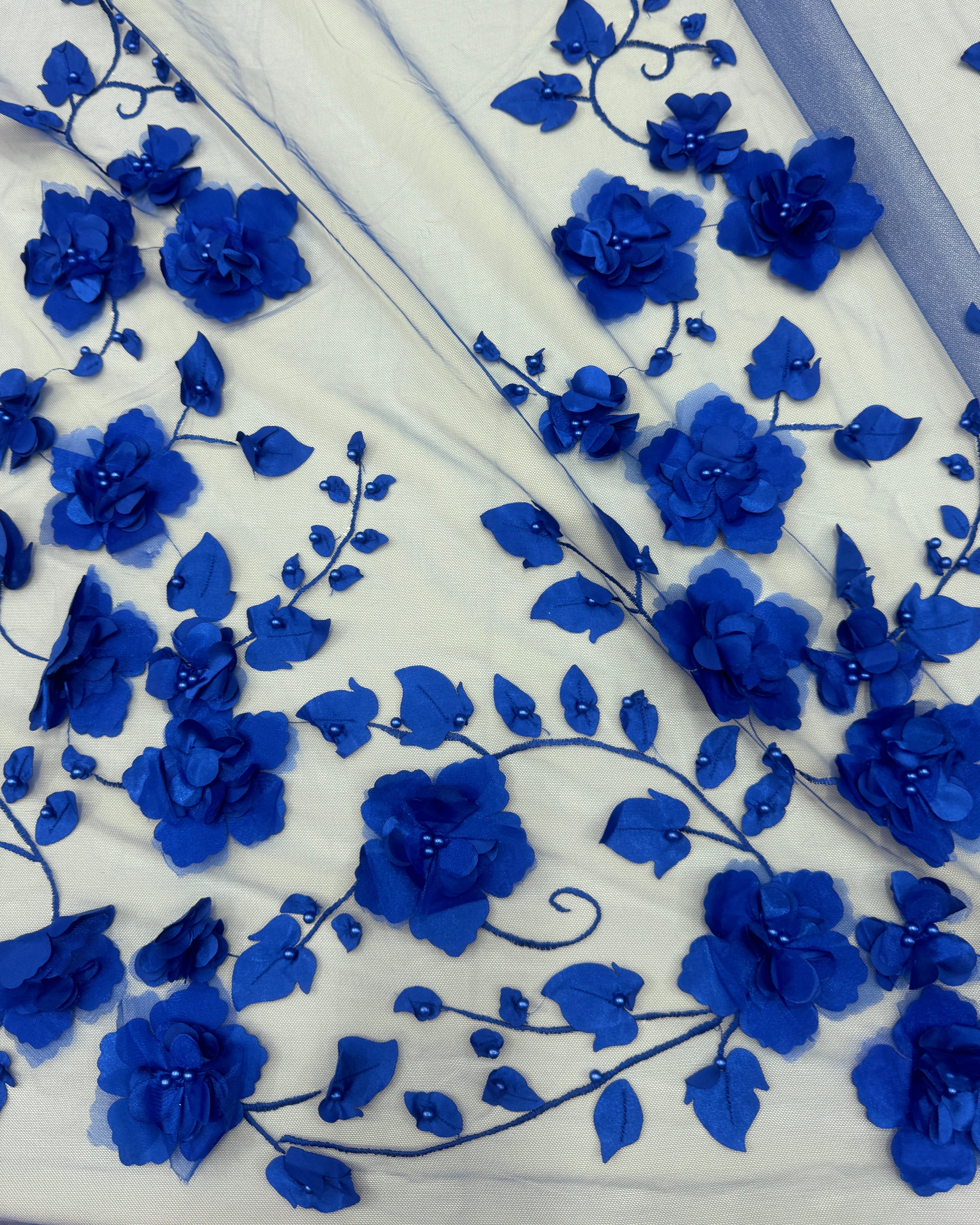 Royal Blue 3D Flower Beaded lace mesh, shop fabrics online, sewing, fabric store, sewing store, cheap fabric store, kiki textiles, textile by the yard