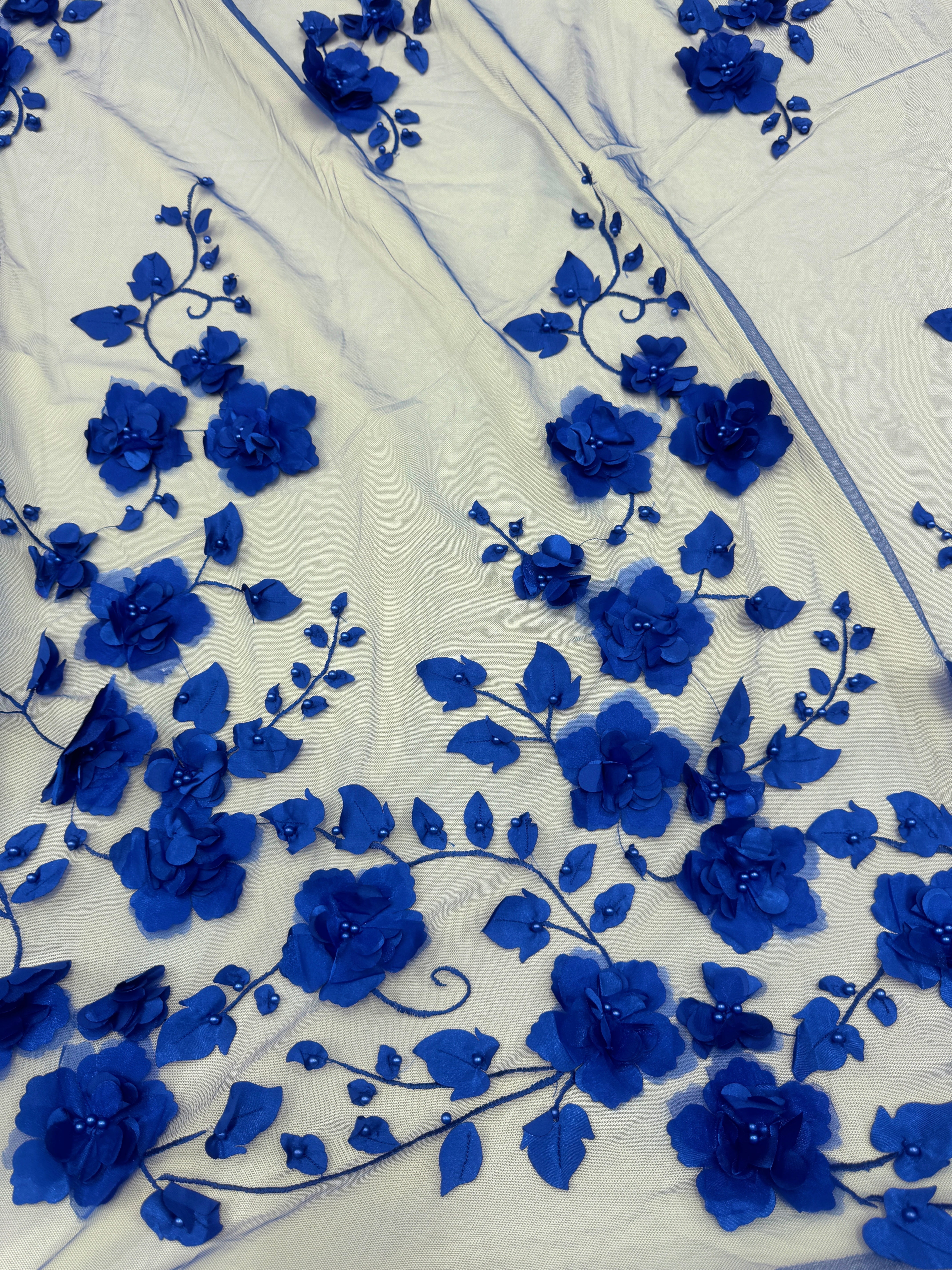 Royal Blue 3D Flower Beaded lace mesh, shop fabrics online, sewing, fabric store, sewing store, cheap fabric store, kiki textiles, textile by the yard