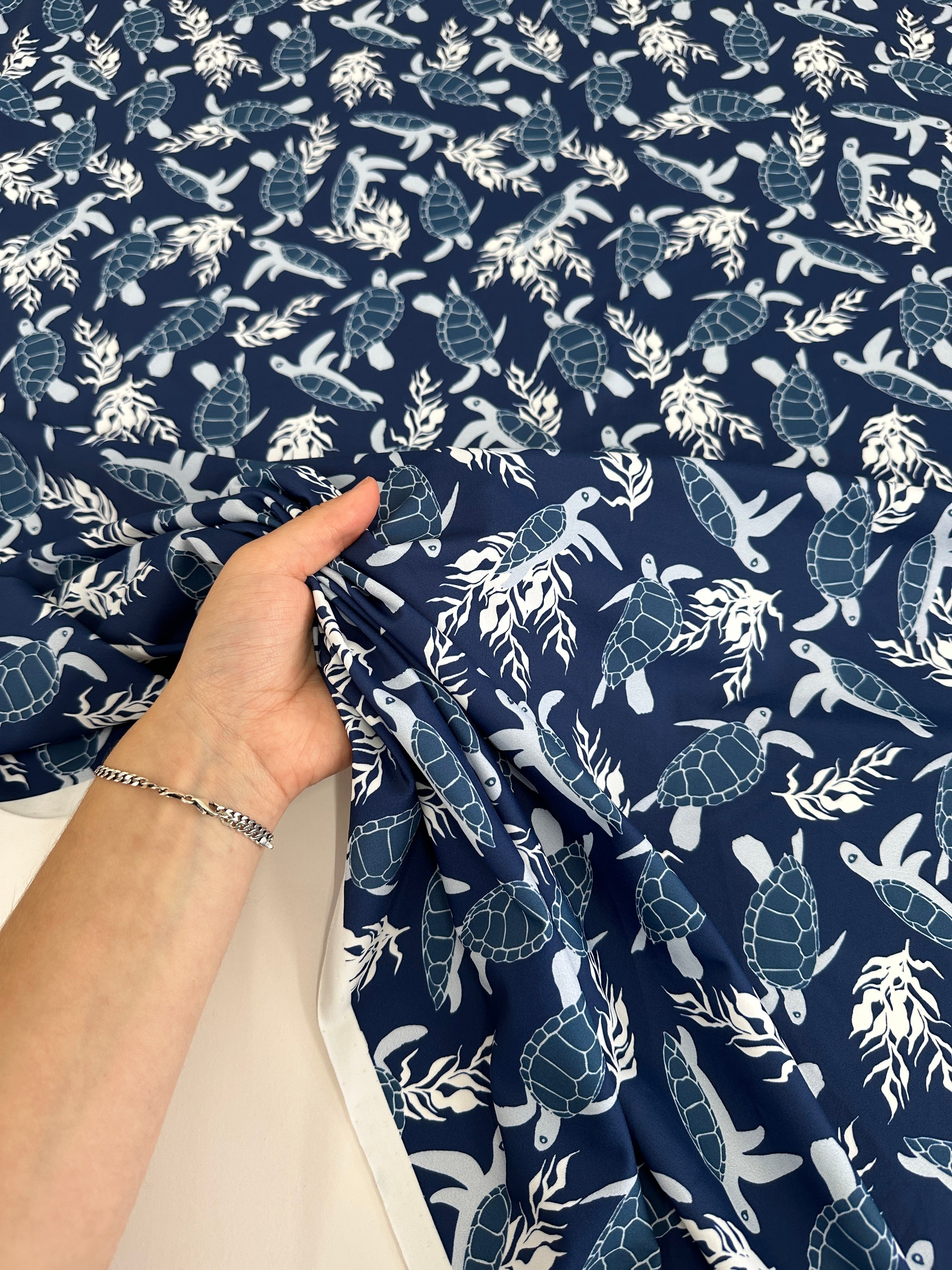Navy Turtle Print Nylon Spandex, online textile store, sewing, fabric store, sewing store, cheap fabric store, kiki textiles