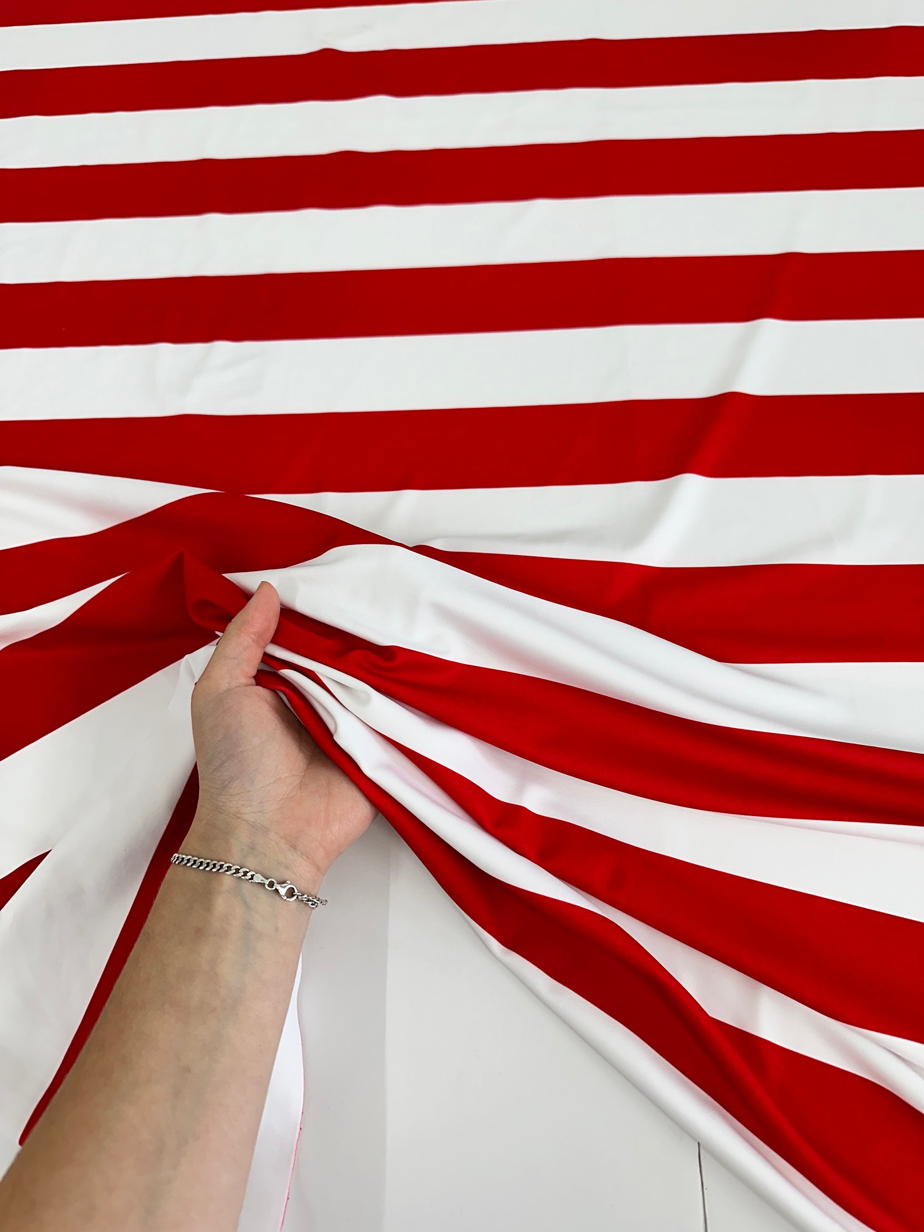 Red White Stripped Nylon Spandex, online textile store, sewing, fabric store, sewing store, cheap fabric store, kiki textiles