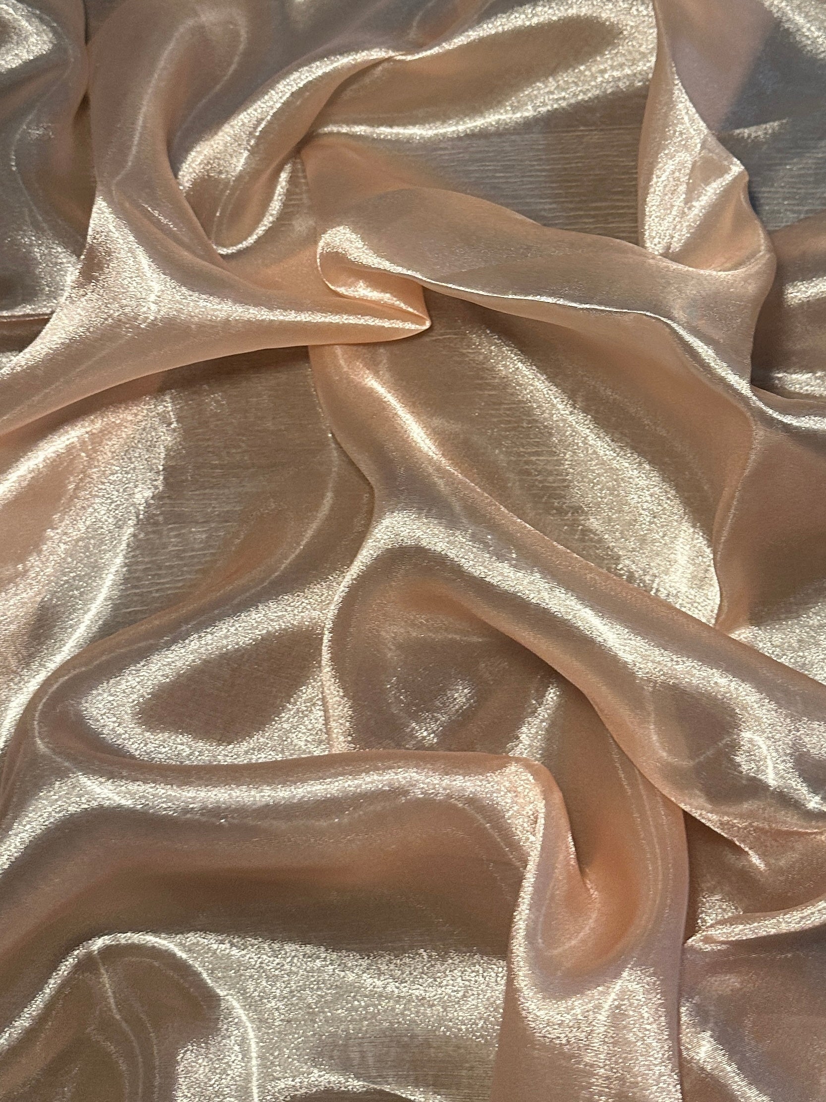 Light Peach Liquid Shimmery Organza, Shiny Organza Cloth, Sheer Shimmer Organza, Glossy Organza Textile, Luxury Organza Fabric, Lightweight Shimmer Fabric