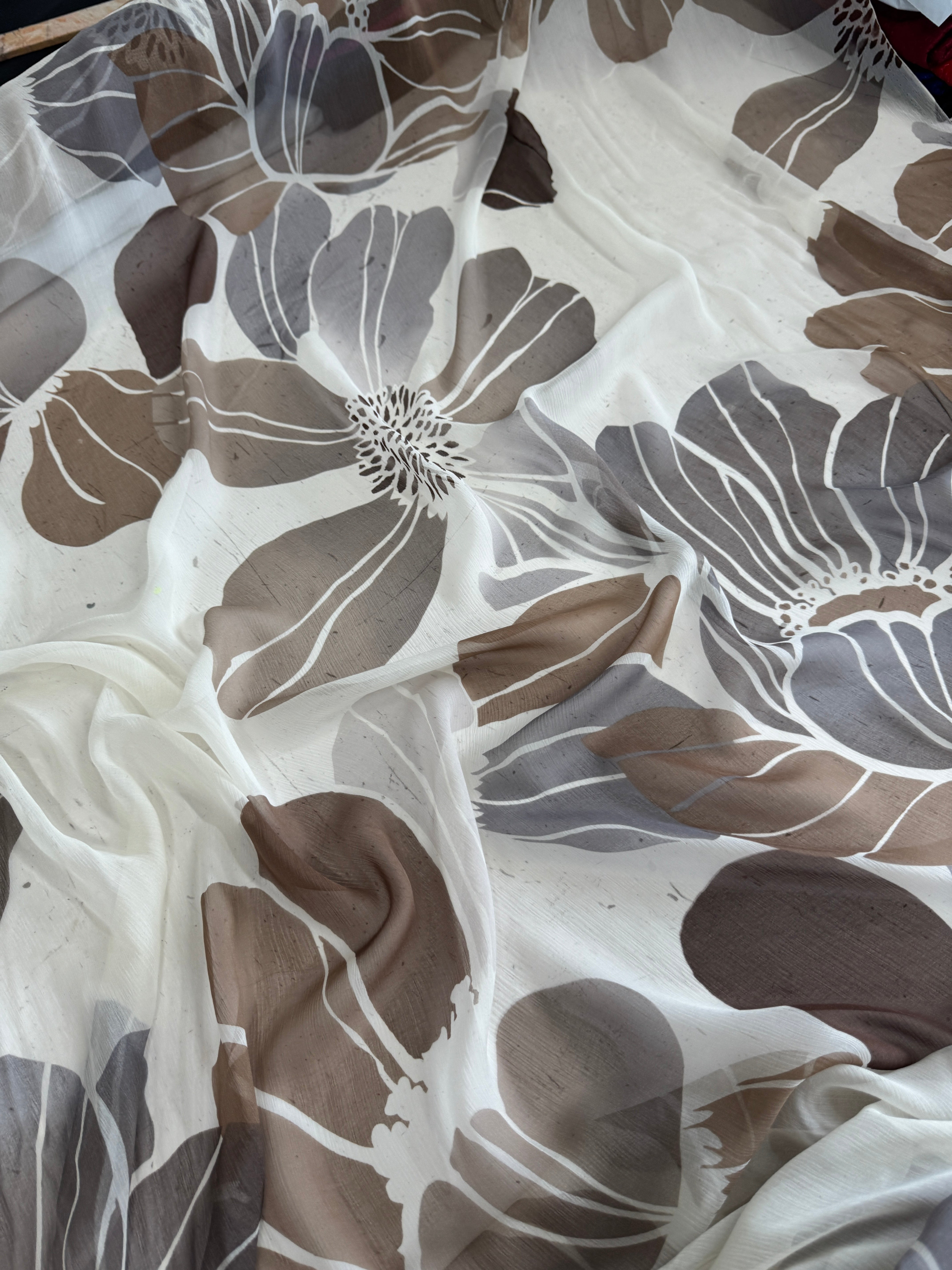 Mocha Botanical Italian Crinkle Silk Chiffon, Crinkle Silk Chiffon, Silk Chiffon Fabric, Textured Silk Chiffon, Pure Silk Chiffon, Sheer Silk Fabric, Lightweight Silk Fabric
