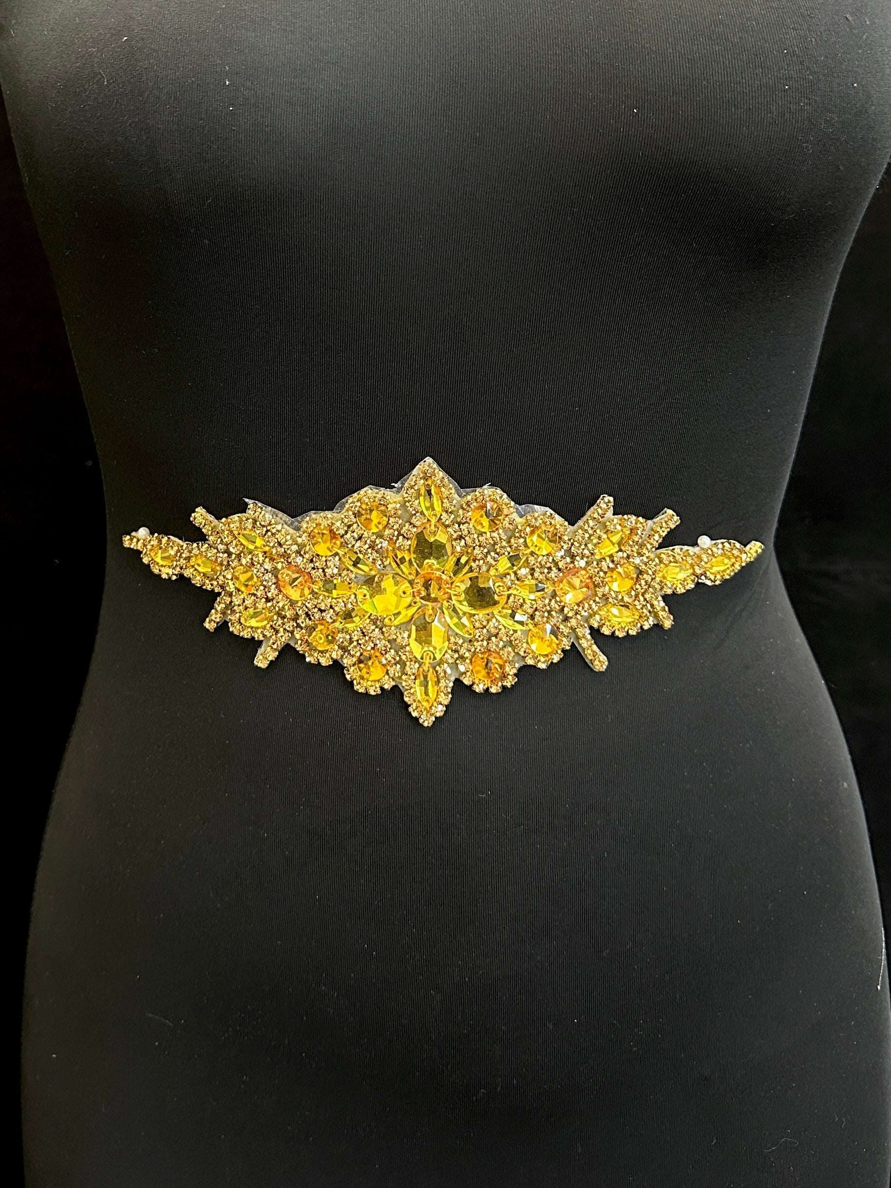 ASia Gold iron on rhinestone applique, gold applique, dark yellow applique, gold bodice, gold embellishment for dress,
