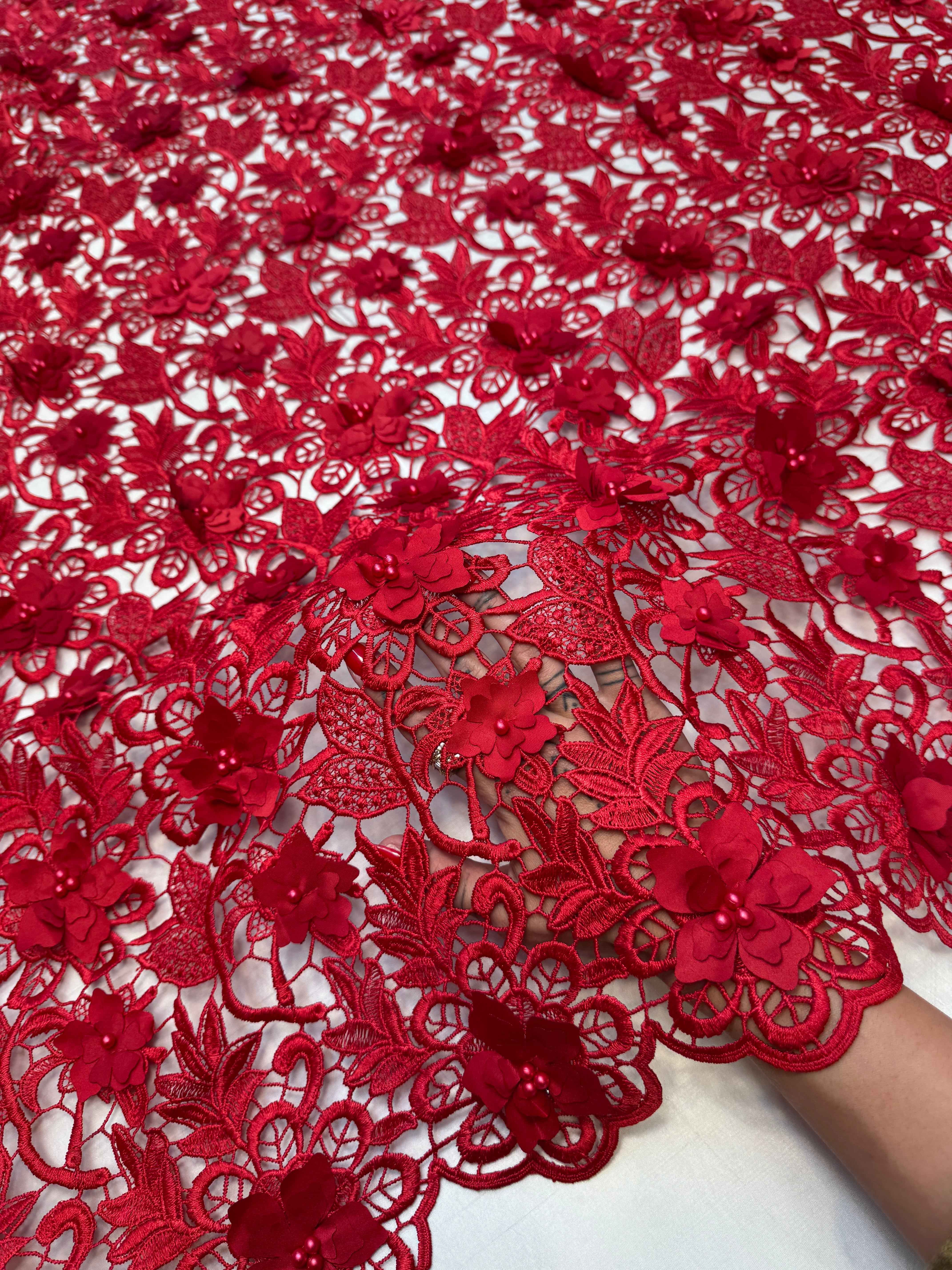 Red 3D Blossom Beaded Embroidered Lace, Beaded Embroidered Lace, 3D Blossom Lace, Floral Beaded Lace, Couture Lace Fabric, Bridal Lace Fabric, Wedding Dress Lace