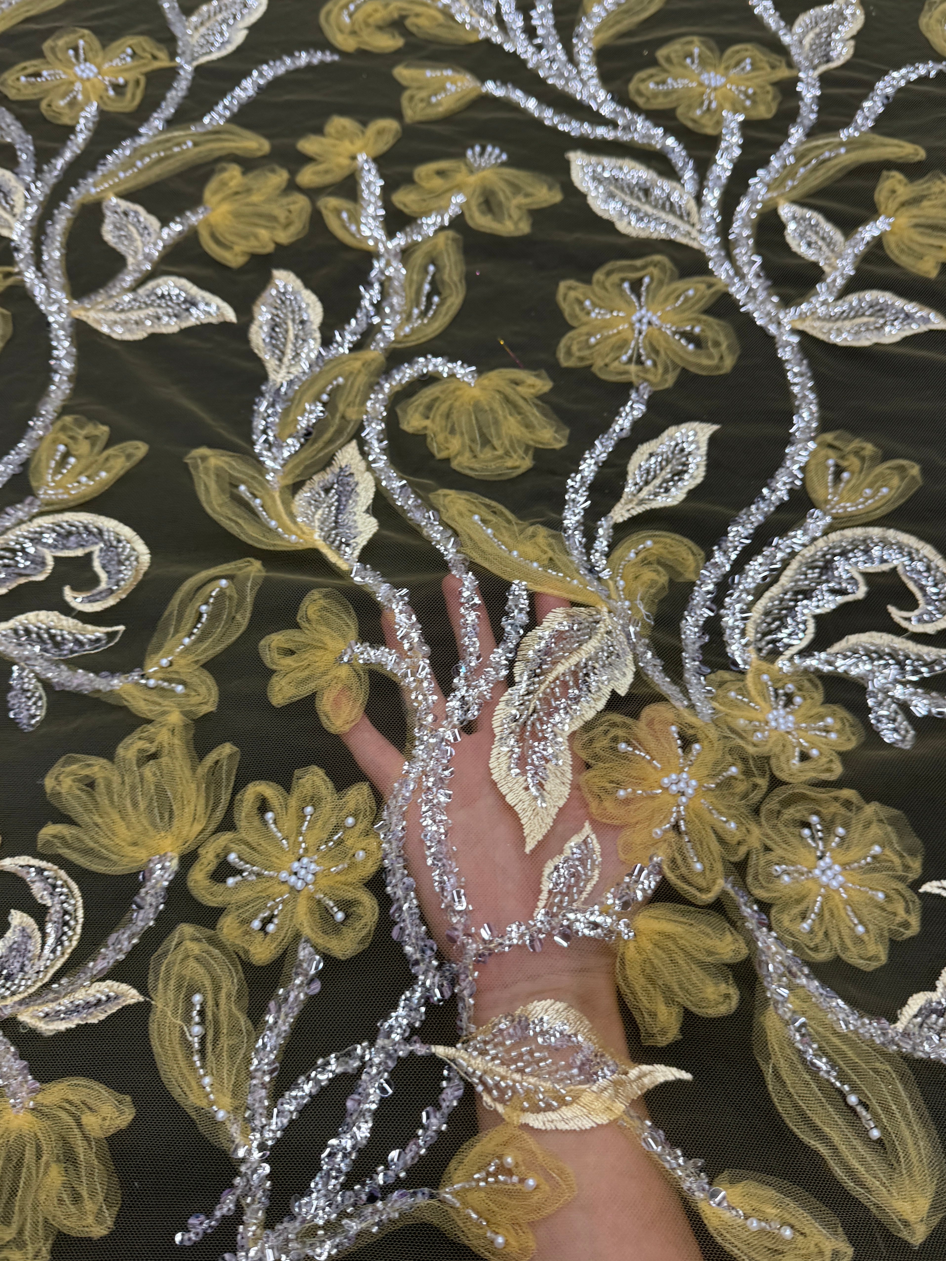 Yellow 3D Floral Tulle Beaded Lace Mesh, Beaded Lace Mesh, Floral Beaded Lace, 3D Flower Lace, Embroidered Tulle Lace, Embellished Tulle Fabric, Luxury Lace Fabric