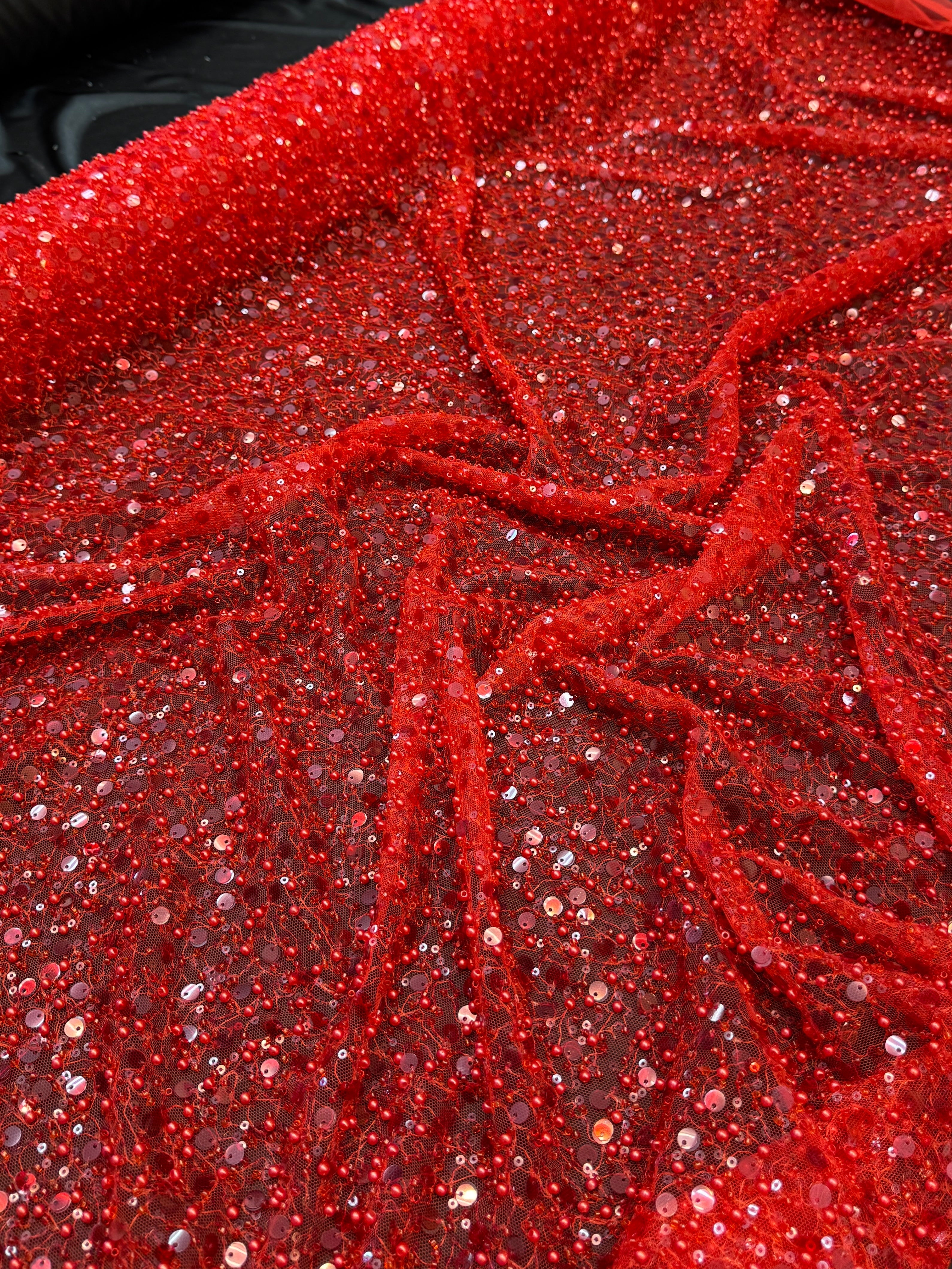 Red Beaded Sequin Pearl Embroidered Mesh Lace, Pearl Embroidered Lace, Sequin Mesh Lace, Beaded Lace Mesh, Pearl Lace Fabric, Embroidered Mesh Lace, Embellished Lace Fabric
