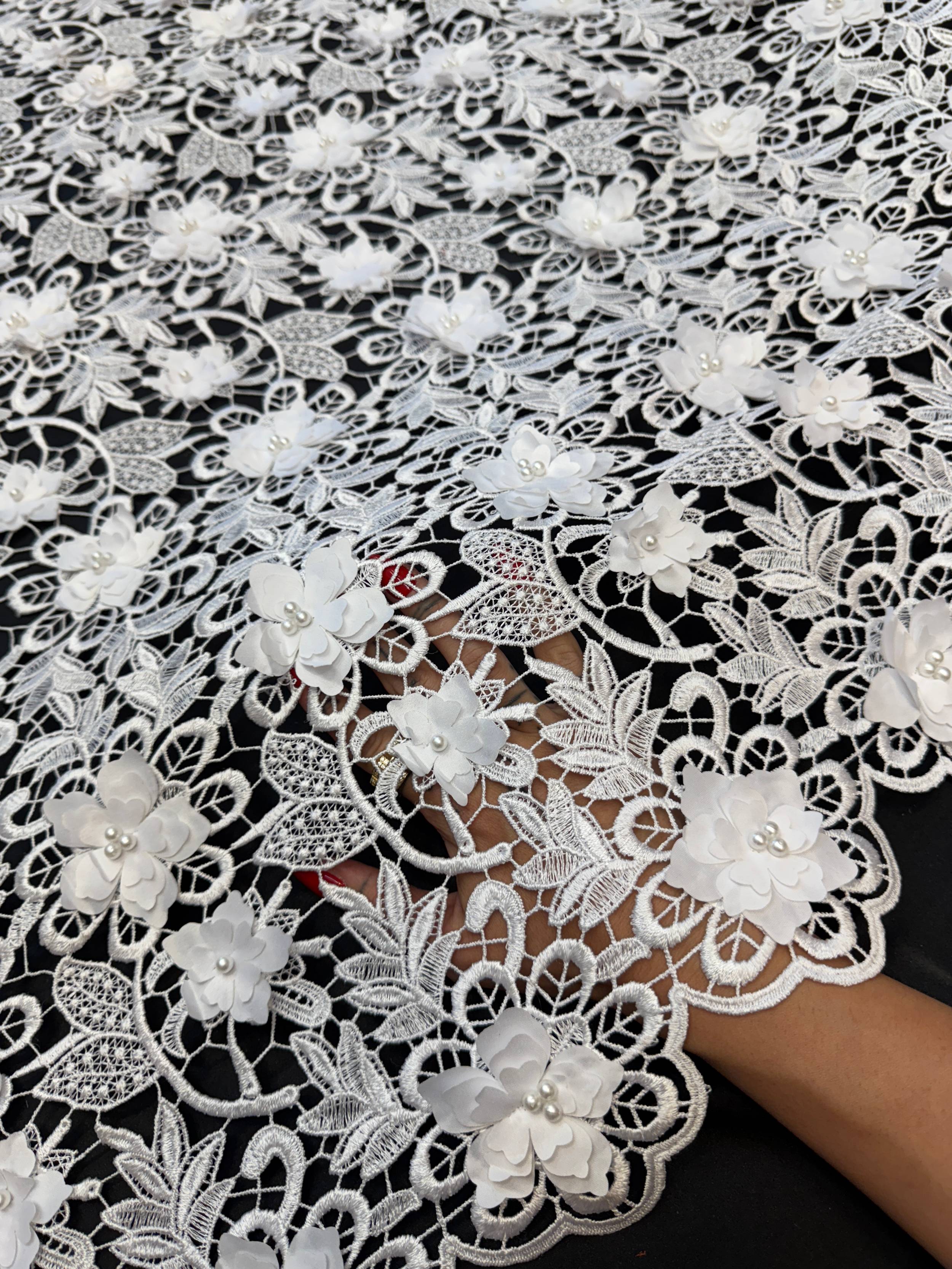 White 3D Blossom Beaded Embroidered Lace, Beaded Embroidered Lace, 3D Blossom Lace, Floral Beaded Lace, Couture Lace Fabric, Bridal Lace Fabric, Wedding Dress Lace