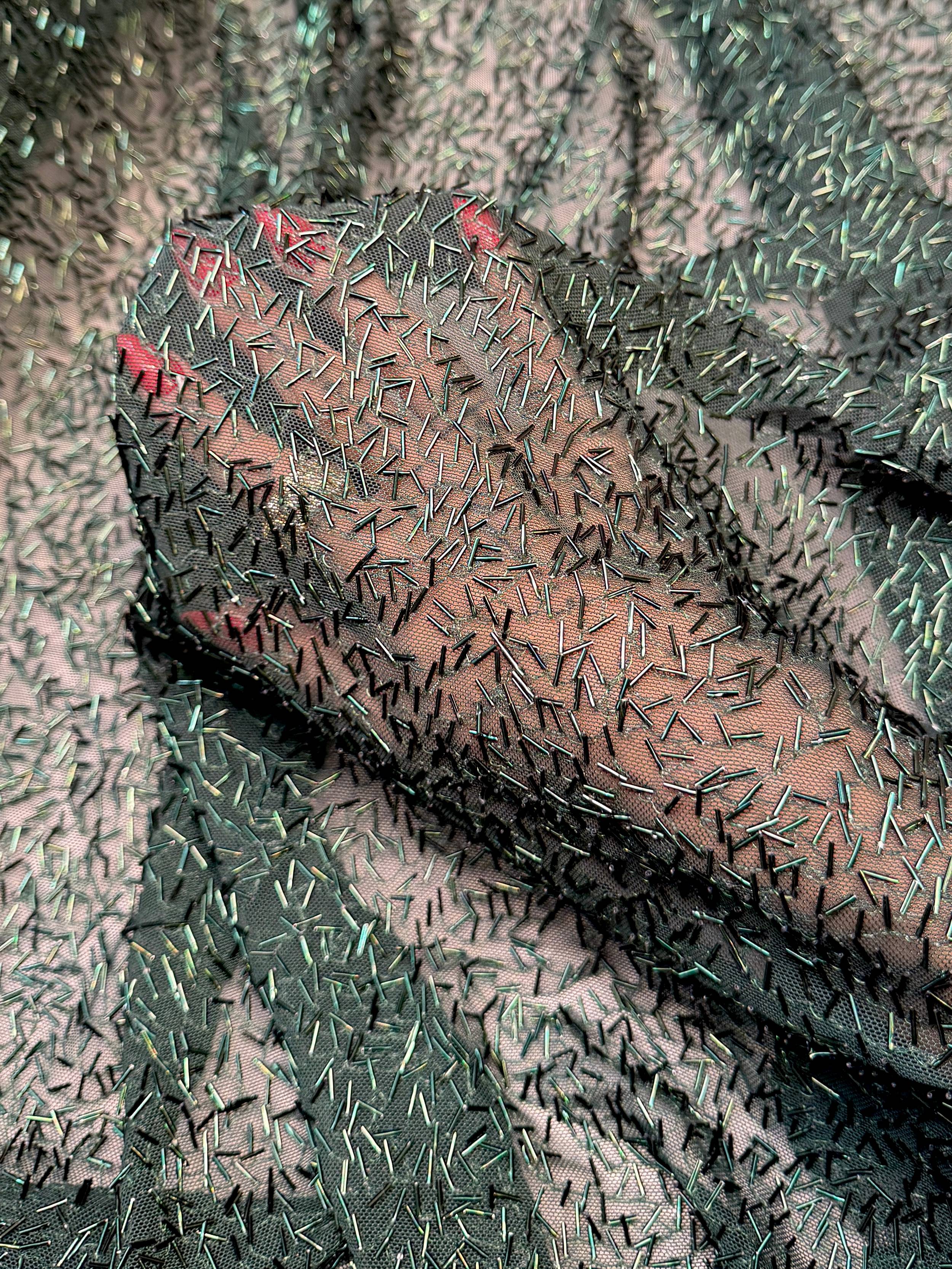 Hunter Green Bugle Beaded Stretch Mesh, Beaded Stretch Mesh, Stretch Mesh Fabric, Bugle Bead Fabric, Beaded Mesh Fabric, Embellished Mesh Fabric, Stretch Beaded Fabric, Mesh Fabric Stretch