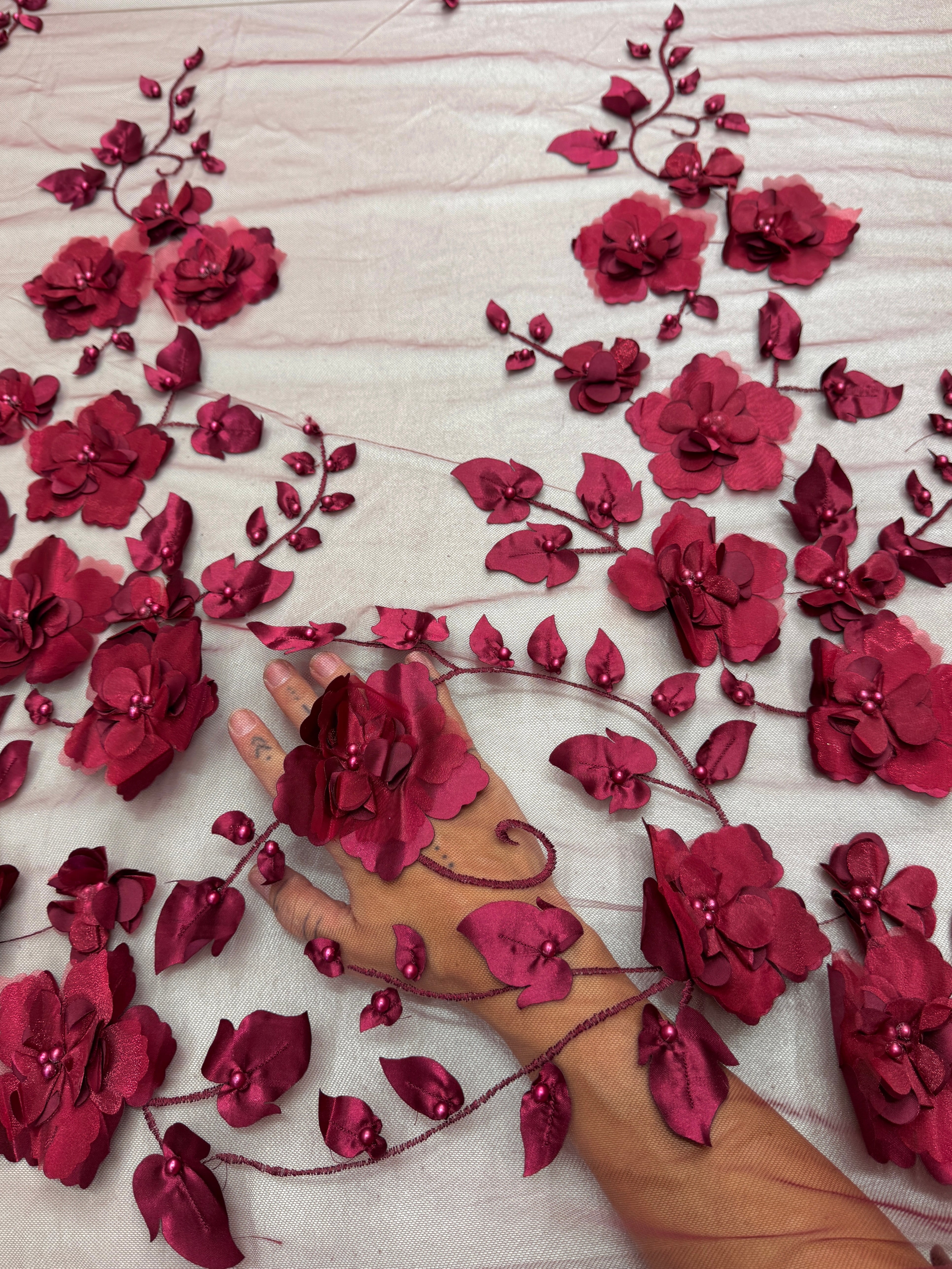 Burgundy 3D Flower Beaded Lace Mesh, Beaded Lace Mesh, Floral Beaded Lace, 3D Floral Lace, Flower Lace Fabric, Embroidered Lace Fabric, Embellished Lace Fabric, Luxury Lace Fabric