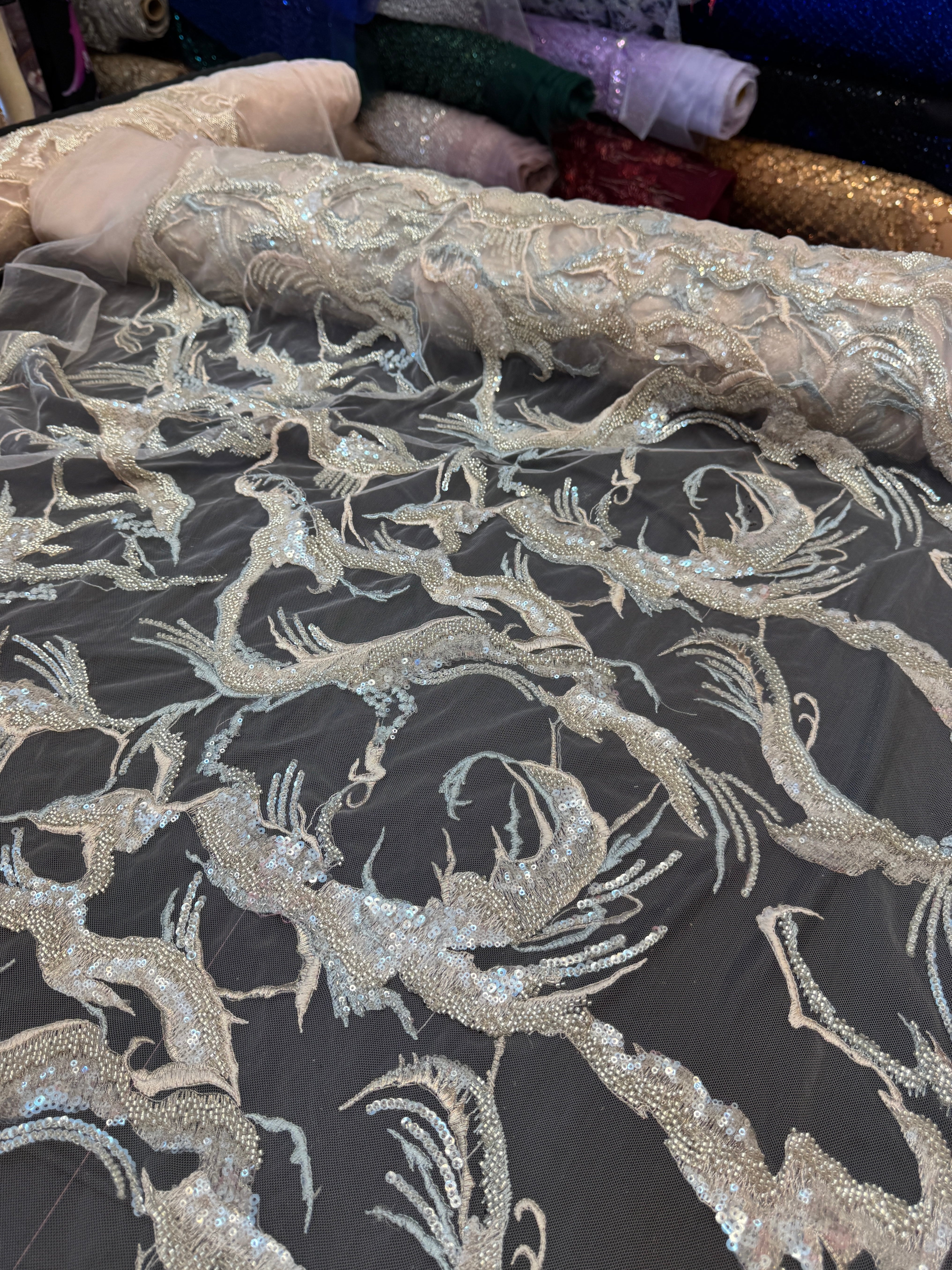 Mint-Champagne Couture Vine Sequin Embroidered Mesh Lace, Sequin Mesh Lace, Embroidered Mesh Lace, Floral Sequin Lace, Vine Embroidery Lace, Mesh Lace Fabric, Sequin Lace Fabric
